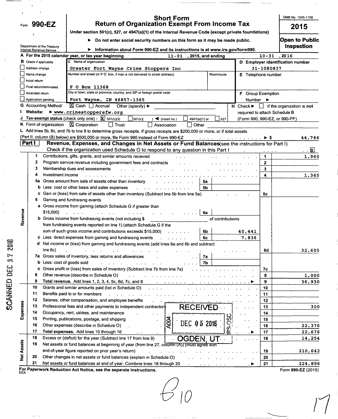 Image of first page of 2015 Form 990EZ for Greater Fort Wayne Crime Stoppers Program