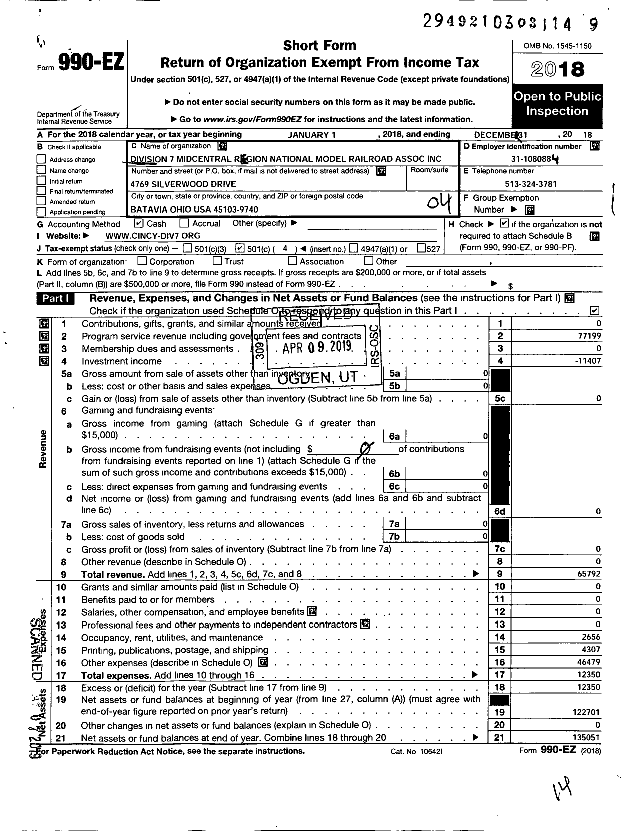 Image of first page of 2018 Form 990EO for National Model Railroad Association Division 7 Mid Central Region