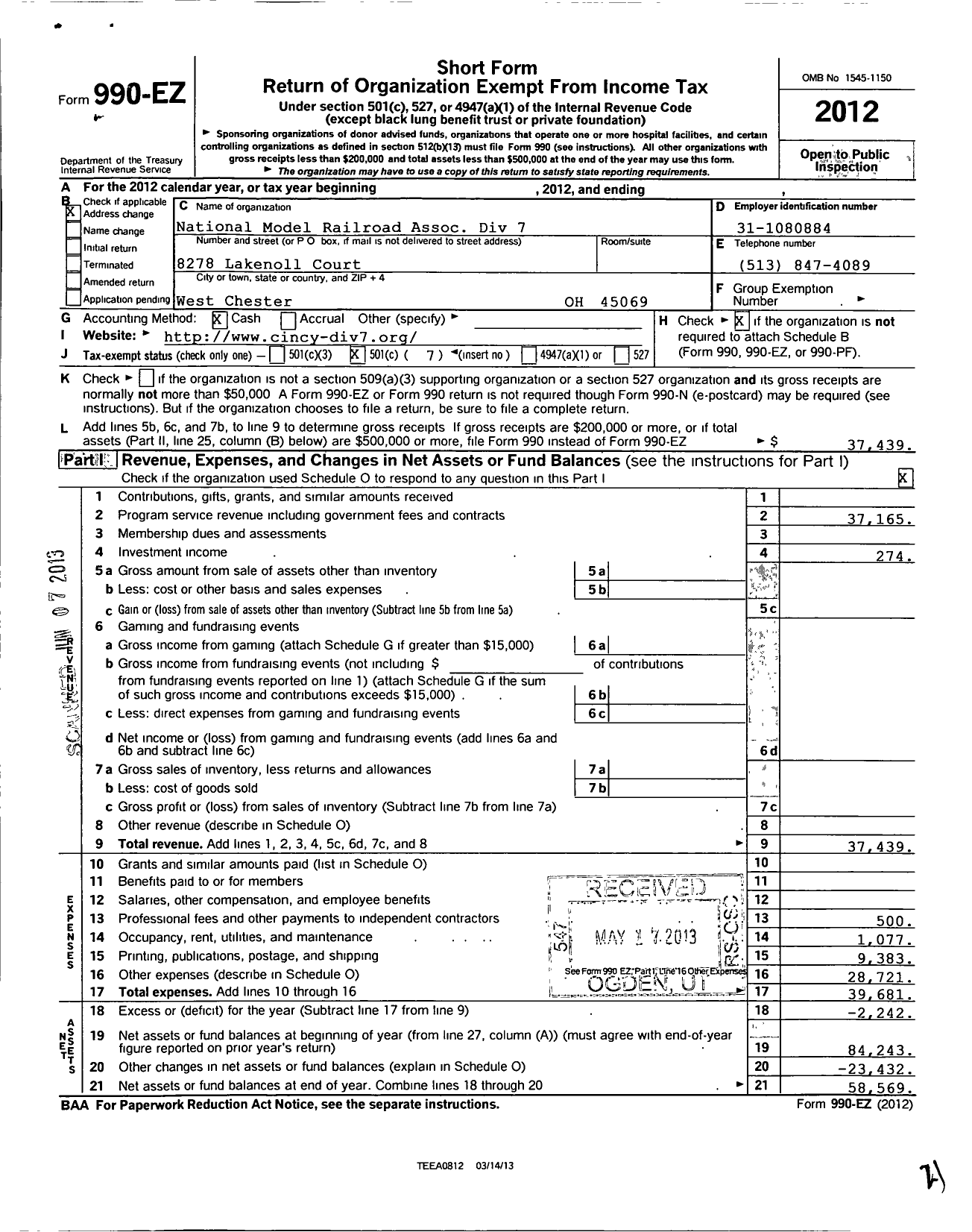 Image of first page of 2012 Form 990EO for National Model Railroad Association Division 7 Mid Central Region