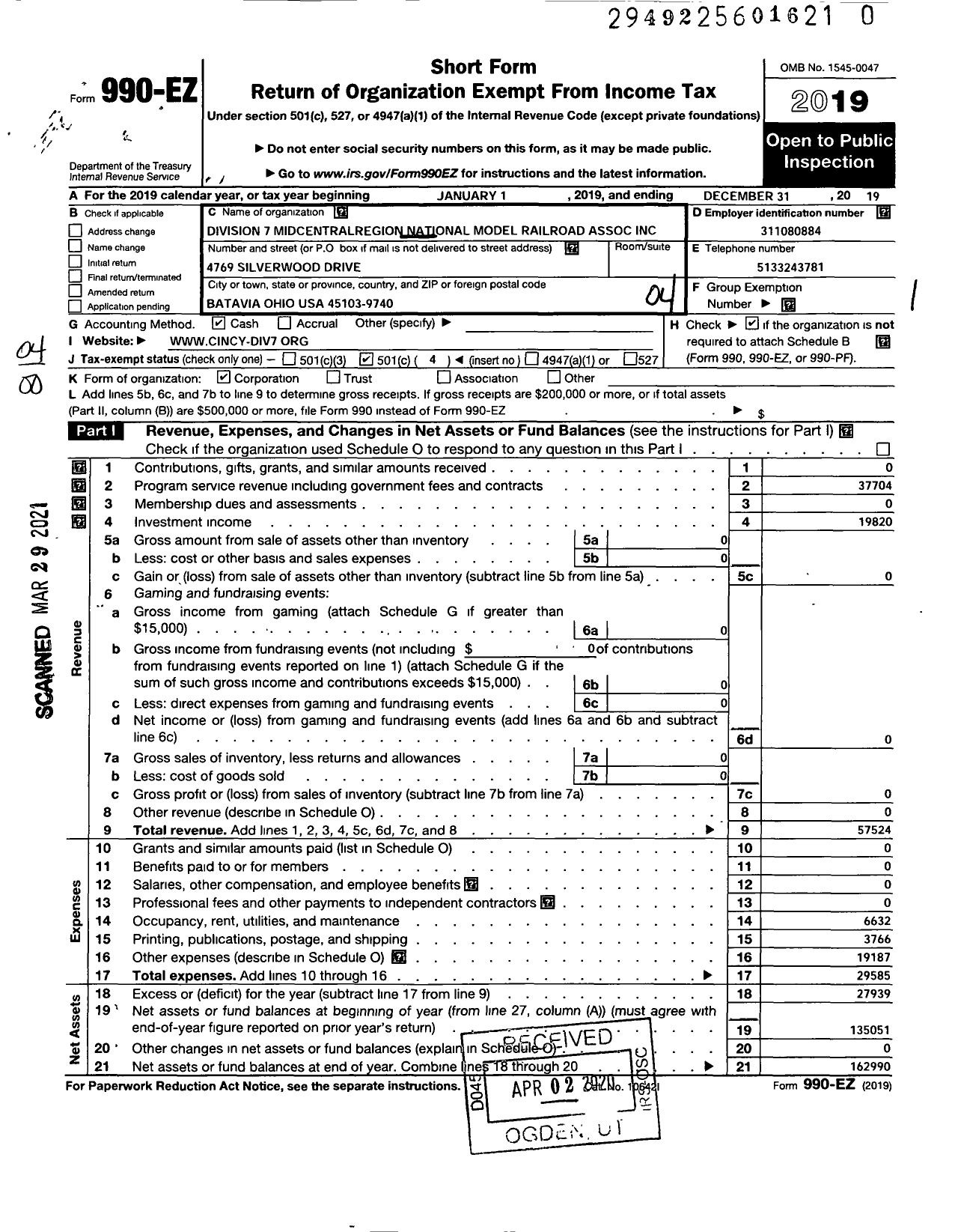 Image of first page of 2019 Form 990EO for National Model Railroad Association Division 7 Mid Central Region