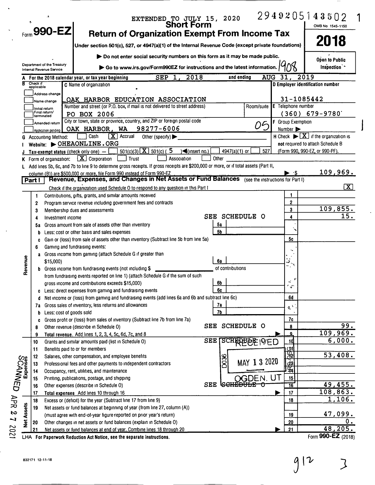 Image of first page of 2018 Form 990EO for Oak Harbor Education Association