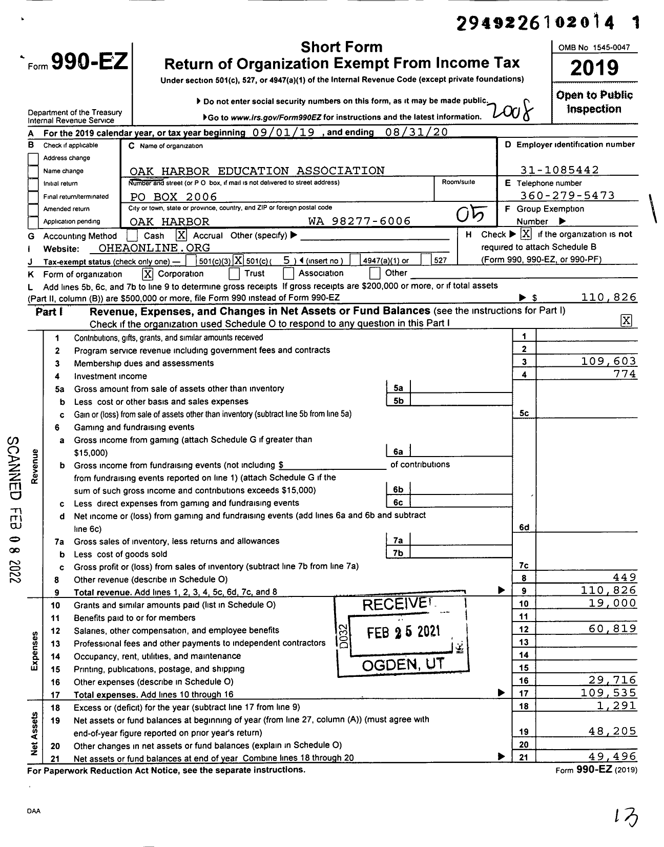 Image of first page of 2019 Form 990EO for Oak Harbor Education Association