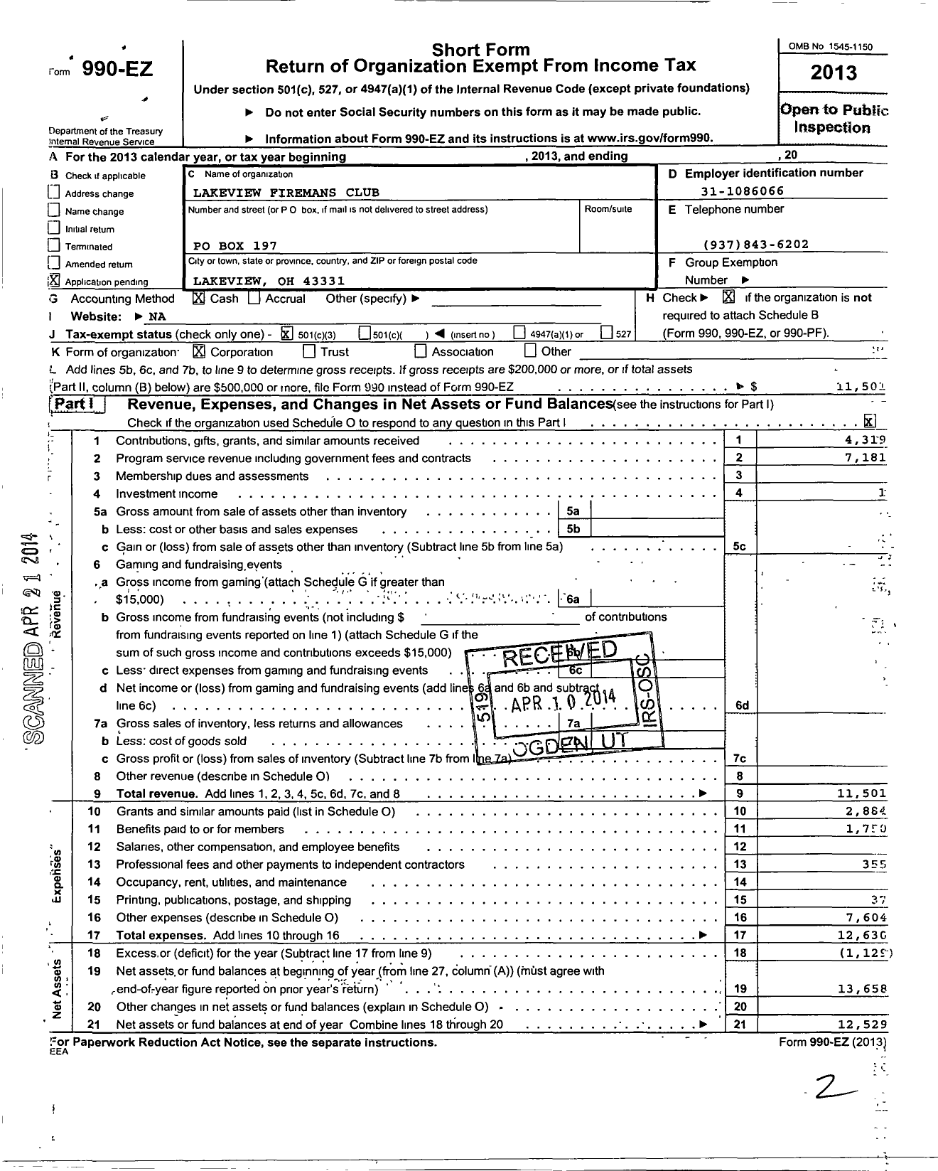 Image of first page of 2013 Form 990EZ for Lakeview Firemans Club