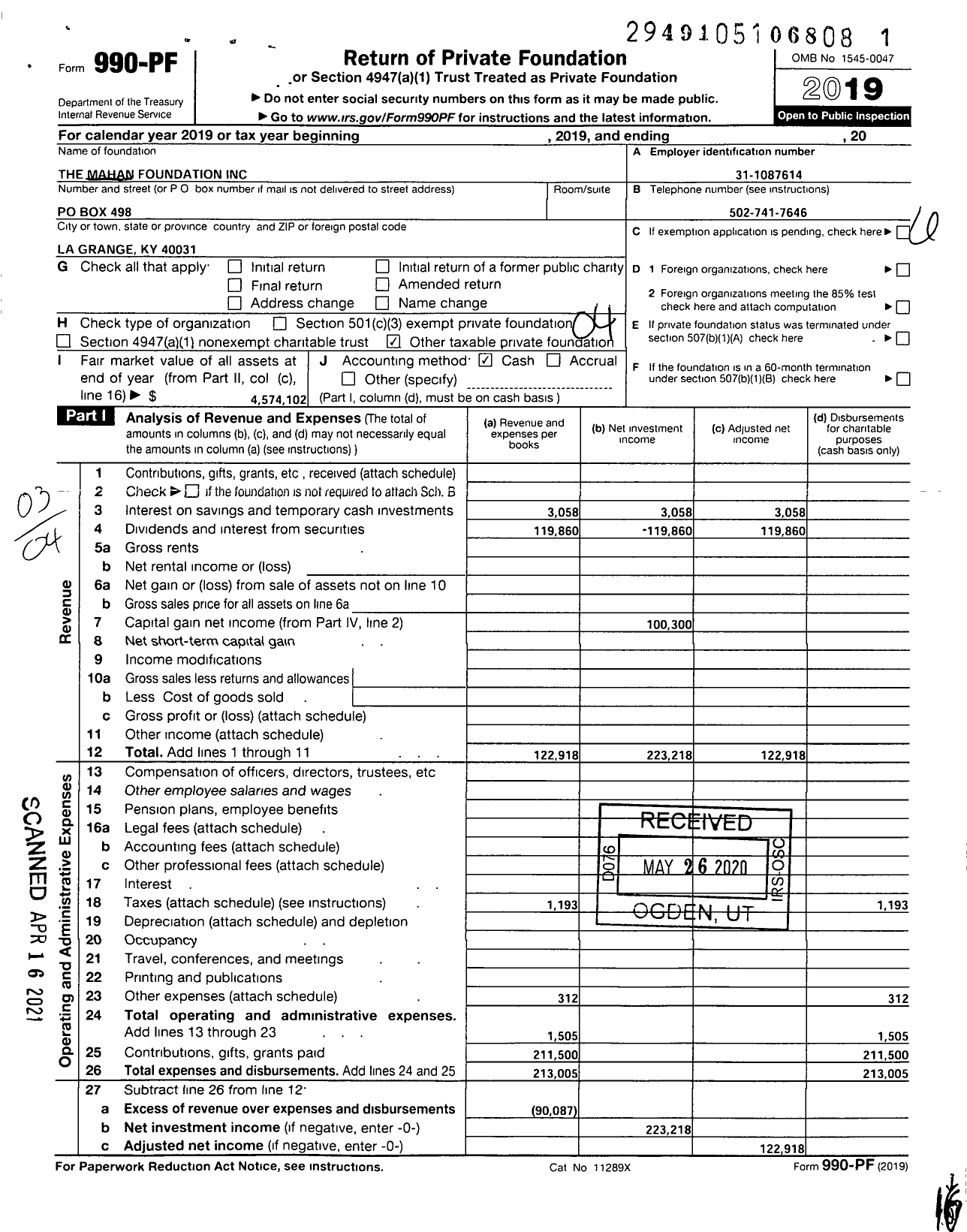 Image of first page of 2019 Form 990PF for Mahan Foundation