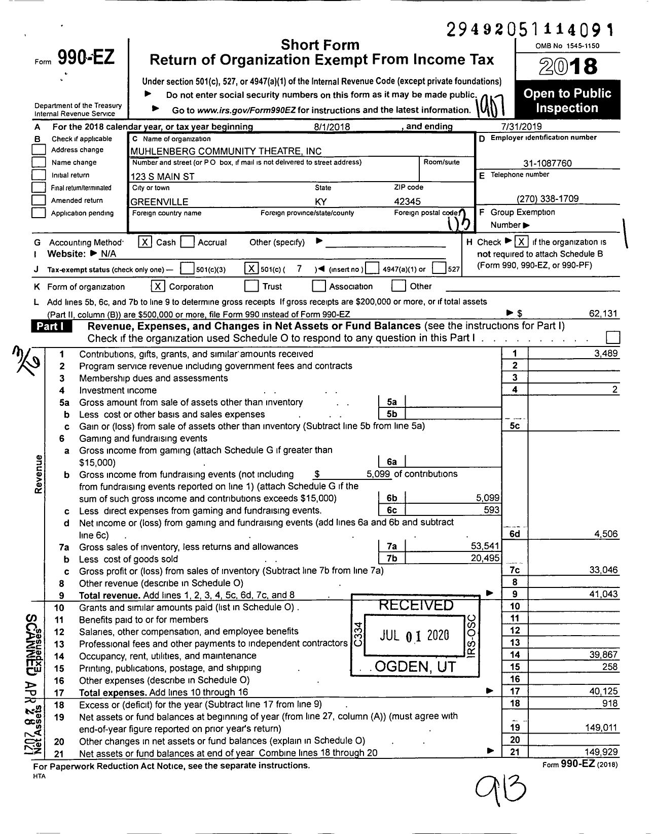 Image of first page of 2018 Form 990EZ for Muhlenberg Community Theatre