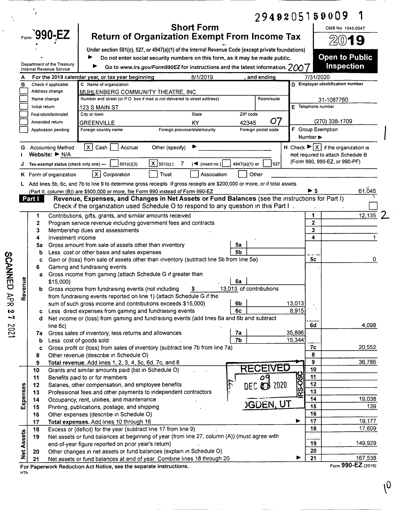 Image of first page of 2019 Form 990EO for Muhlenberg Community Theatre