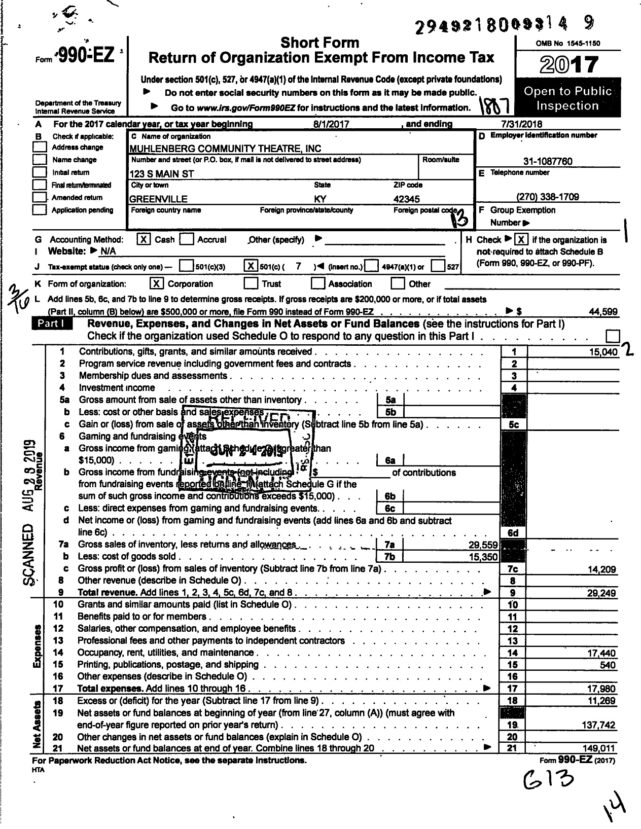 Image of first page of 2017 Form 990EZ for Muhlenberg Community Theatre