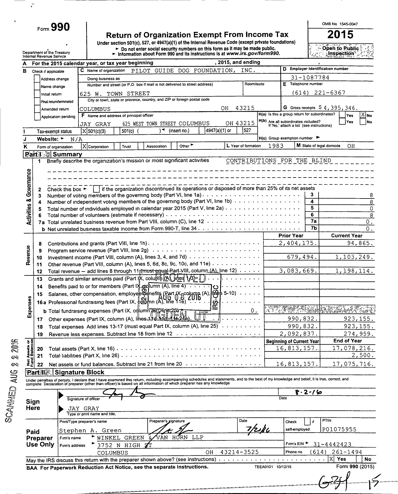 Image of first page of 2015 Form 990 for Pilot Guide Dog Foundation