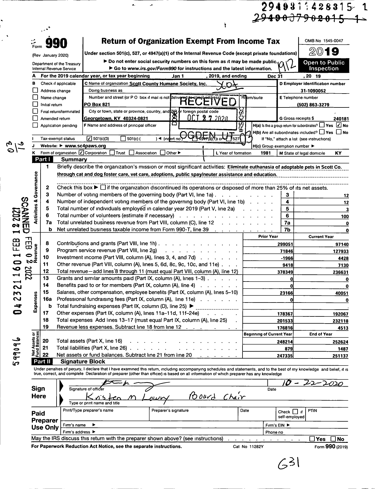 Image of first page of 2019 Form 990 for Scott County Humane Society