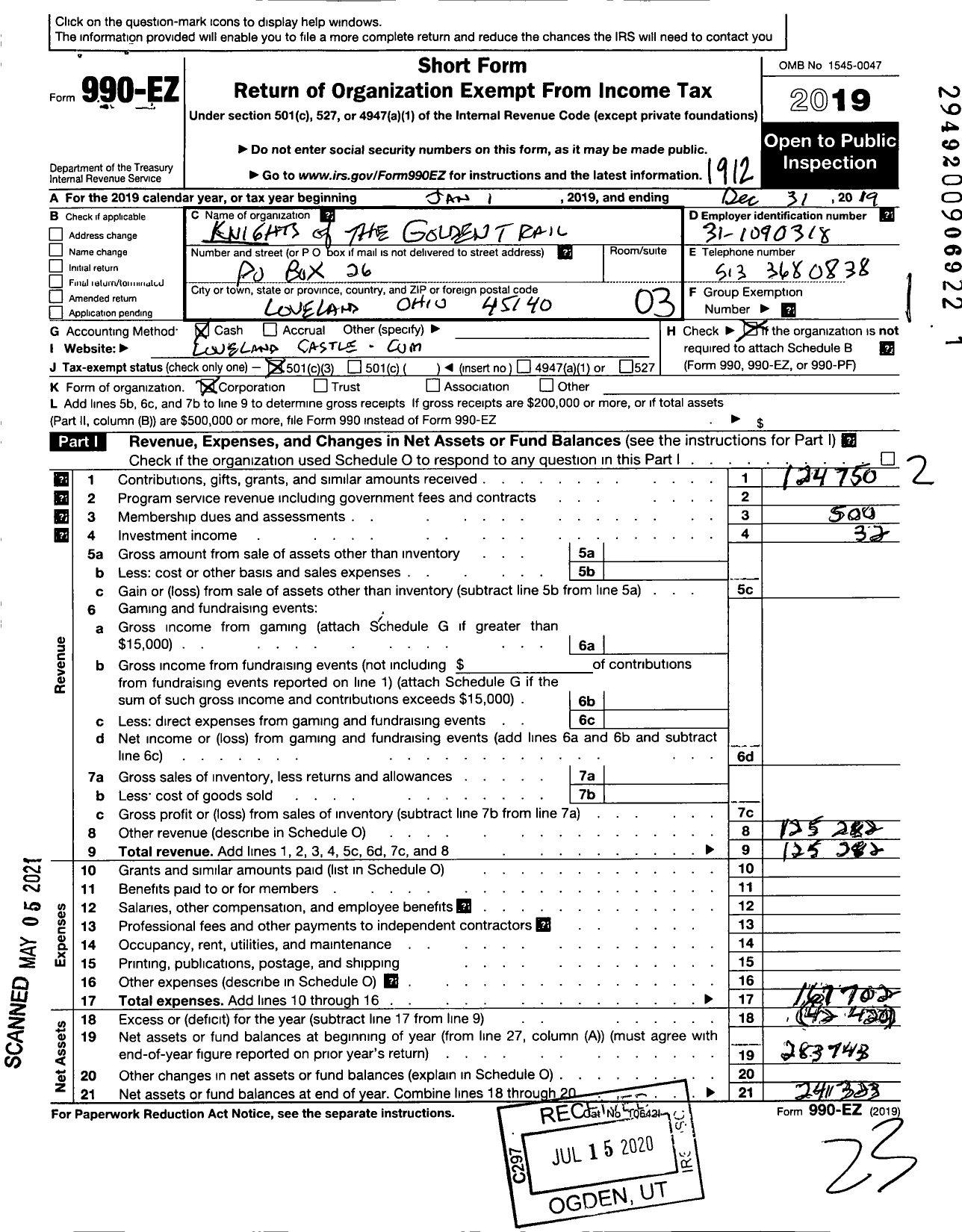 Image of first page of 2019 Form 990EZ for Knights of the Golden Trail