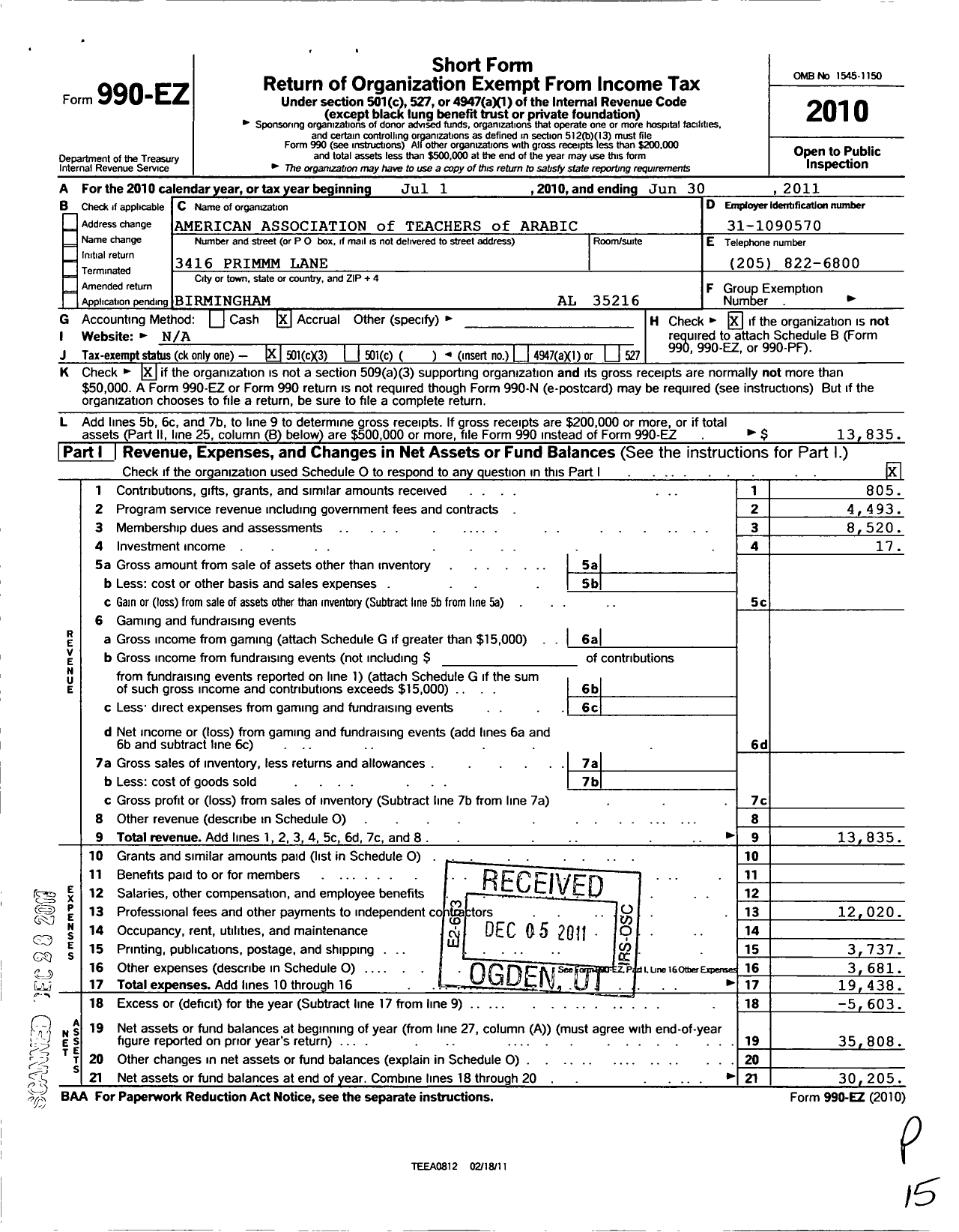 Image of first page of 2010 Form 990EZ for American Association of Teachers of Arabic