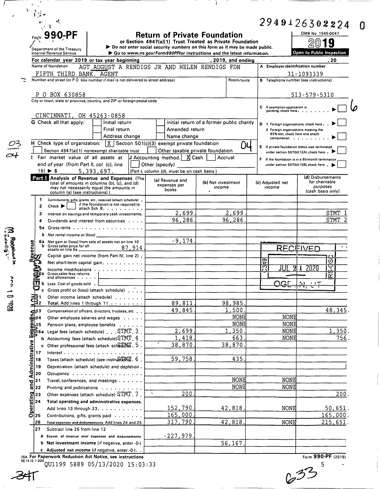 Image of first page of 2019 Form 990PF for Agt August A Rendigs JR and Helen Rendigs Foundation