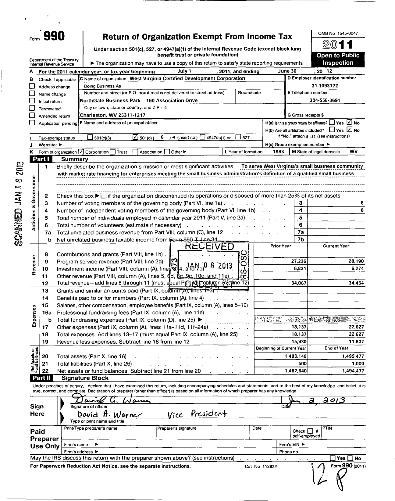 Image of first page of 2011 Form 990O for West Virginia Certified Development Corporation