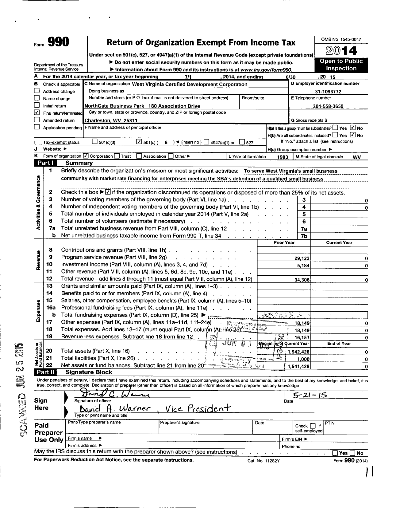 Image of first page of 2014 Form 990O for West Virginia Certified Development Corporation