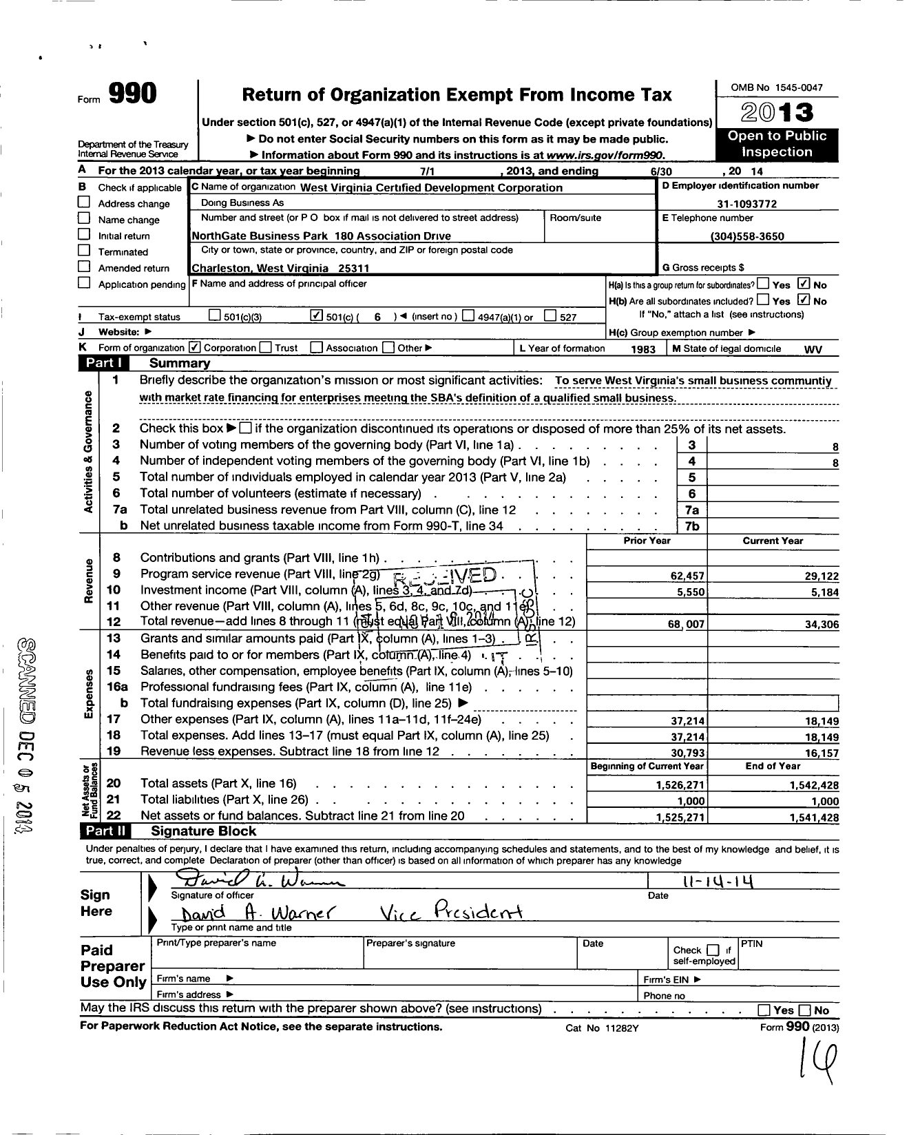 Image of first page of 2013 Form 990O for West Virginia Certified Development Corporation