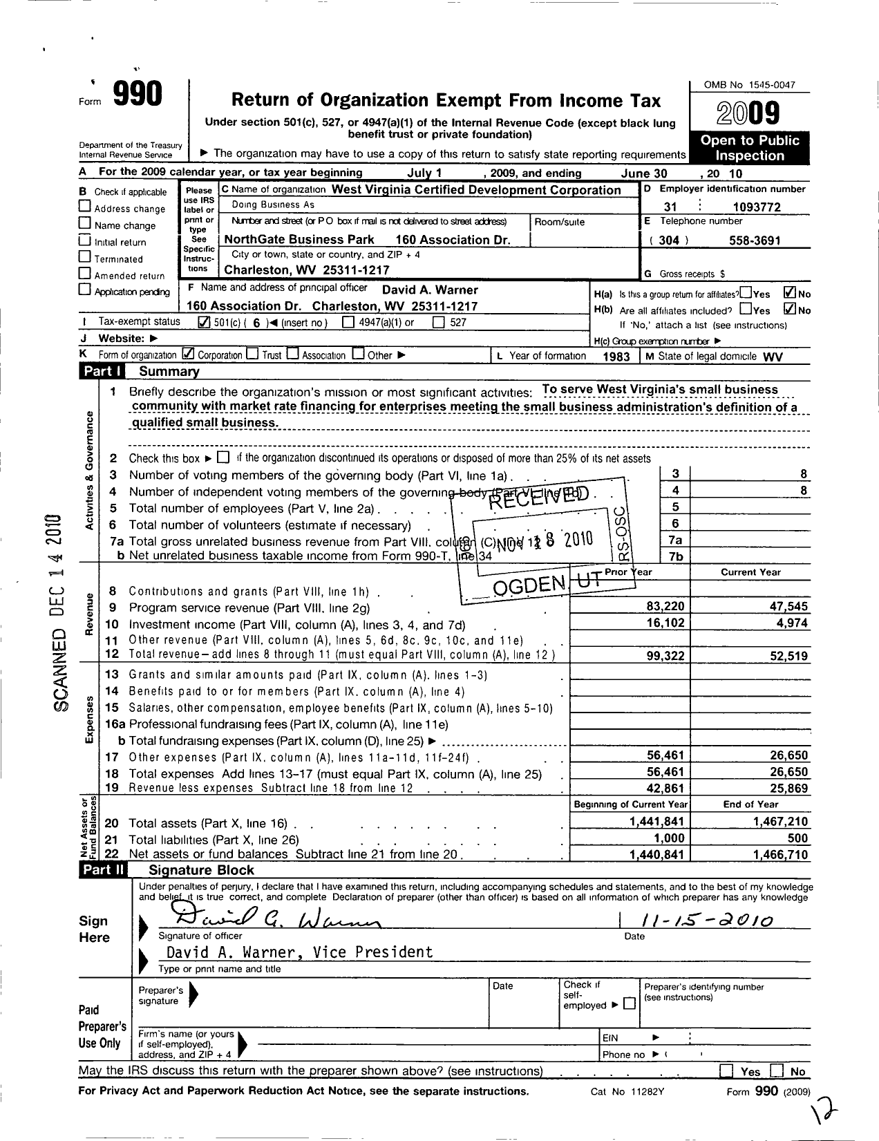 Image of first page of 2009 Form 990O for West Virginia Certified Development Corporation