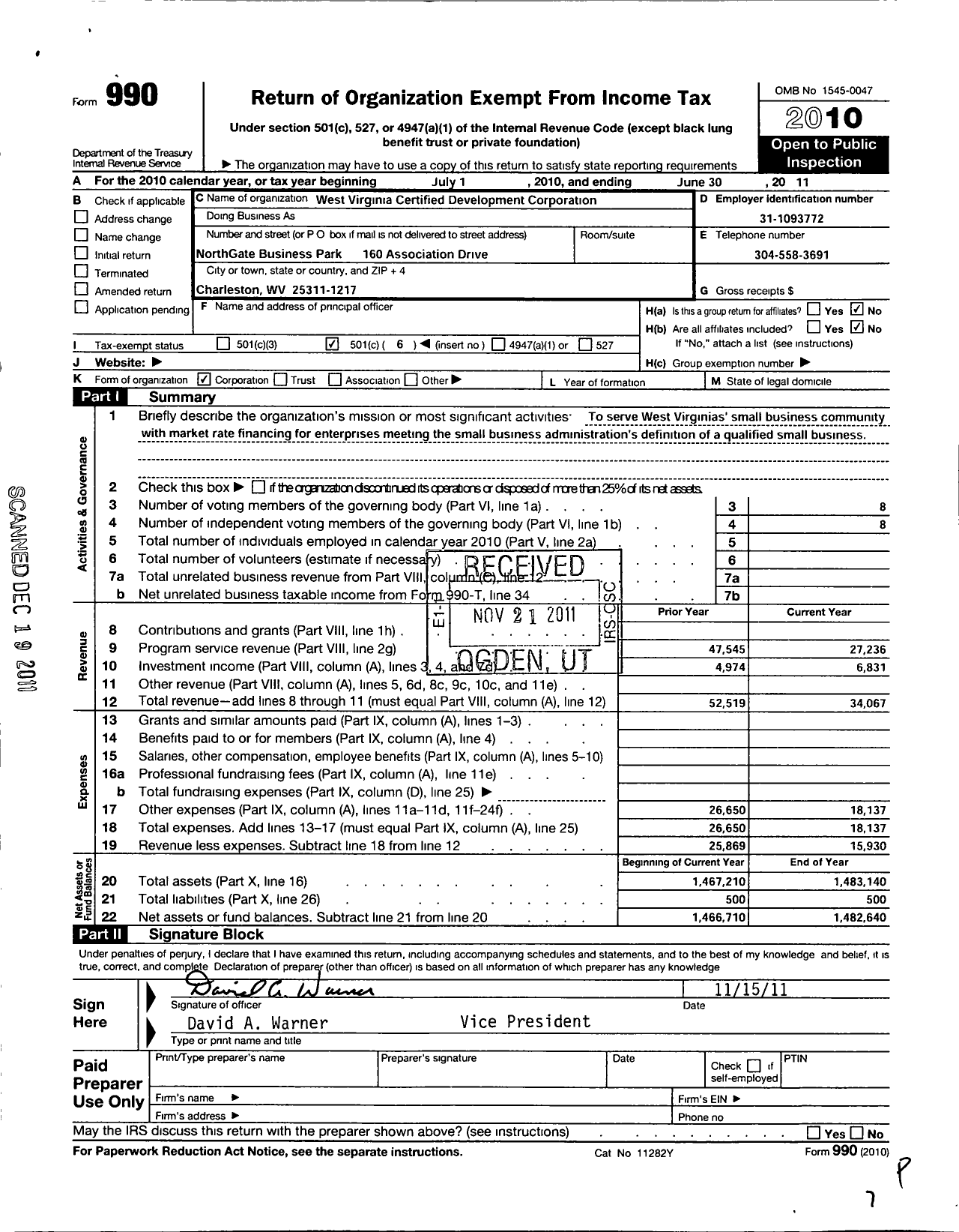 Image of first page of 2010 Form 990O for West Virginia Certified Development Corporation