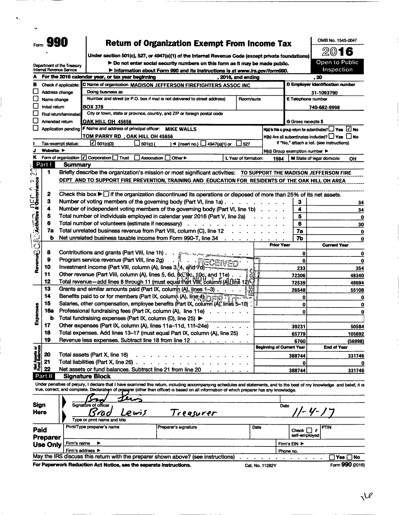 Image of first page of 2016 Form 990 for Madison Jefferson FireFighters Assn