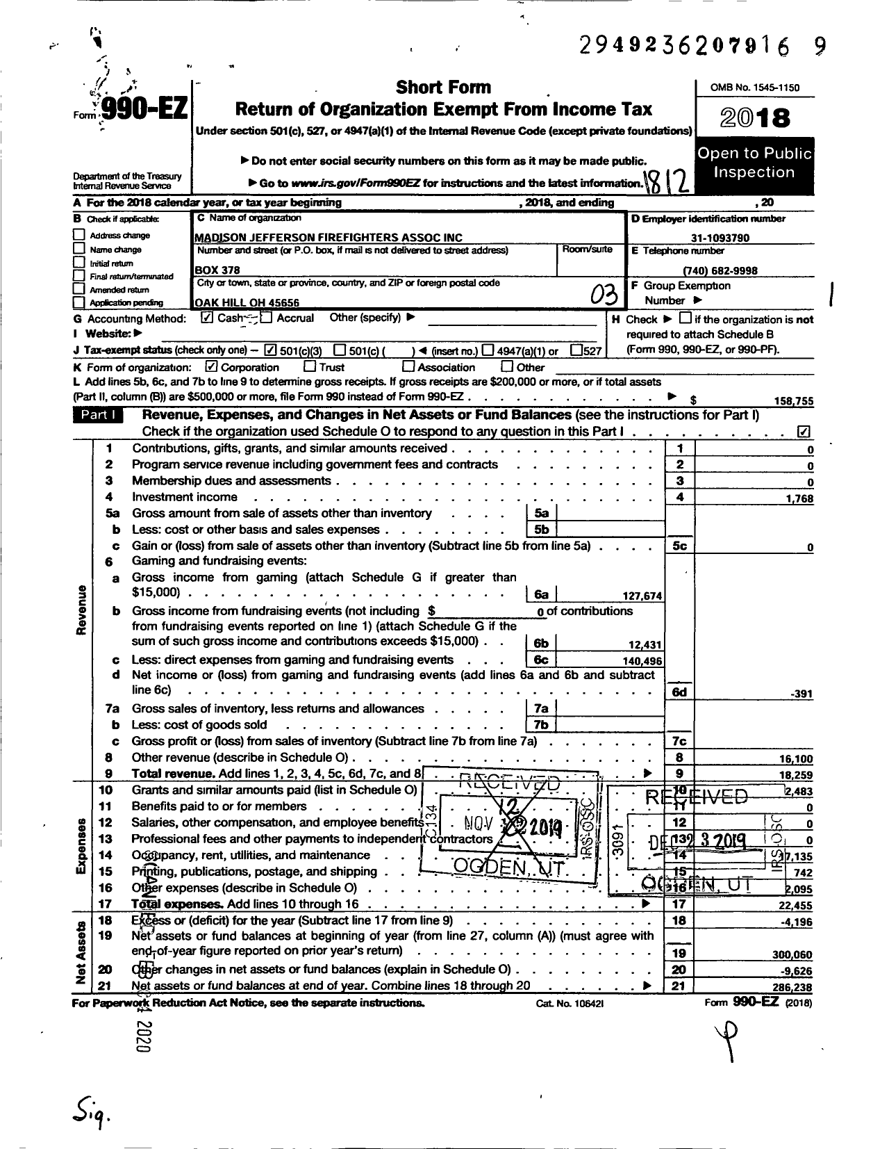 Image of first page of 2018 Form 990EZ for Madison Jefferson FireFighters Assn