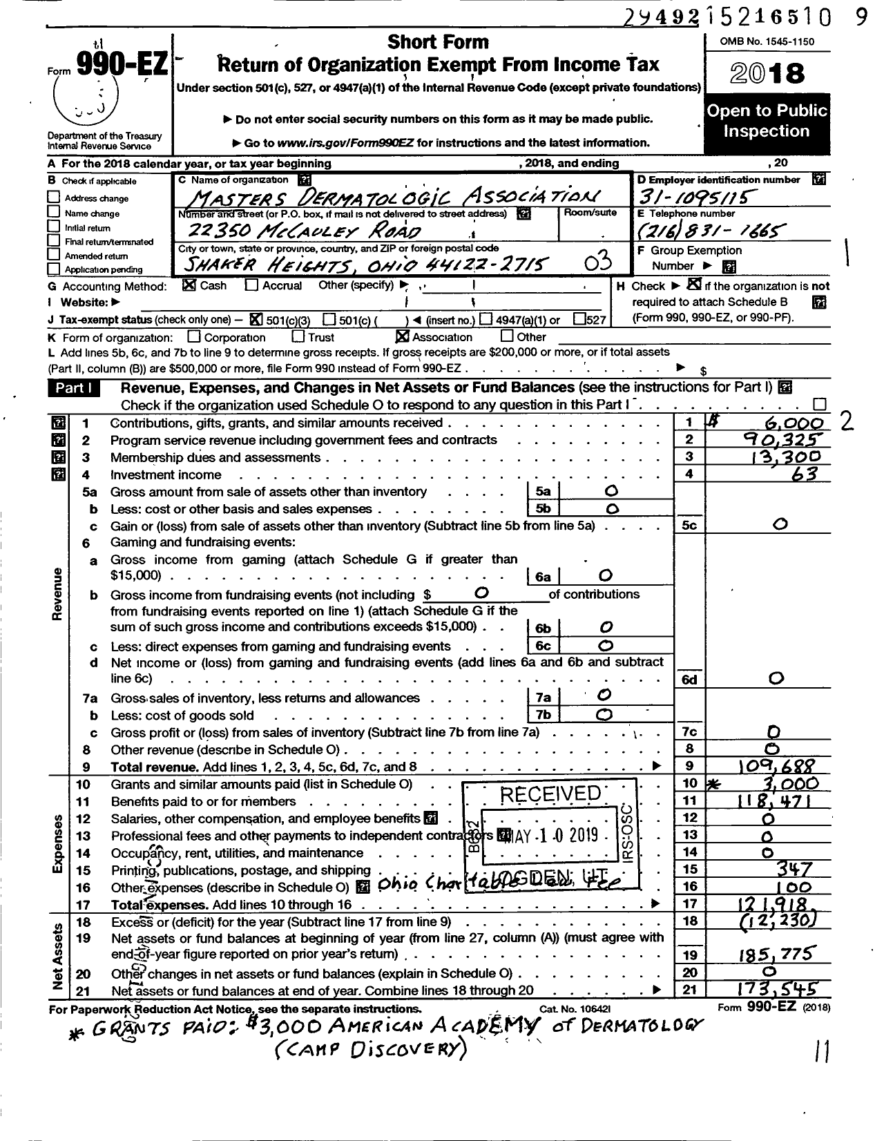 Image of first page of 2018 Form 990EZ for Masters Dermatologic Association