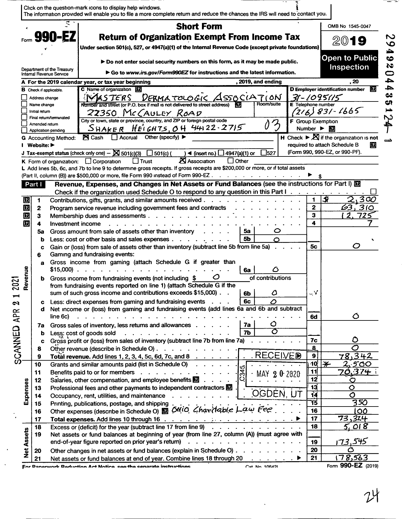 Image of first page of 2019 Form 990EZ for Masters Dermatologic Association