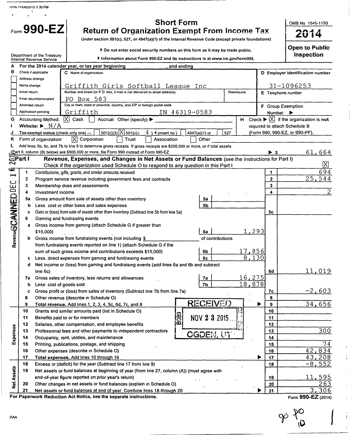 Image of first page of 2014 Form 990EO for Griffith Girls Softball League