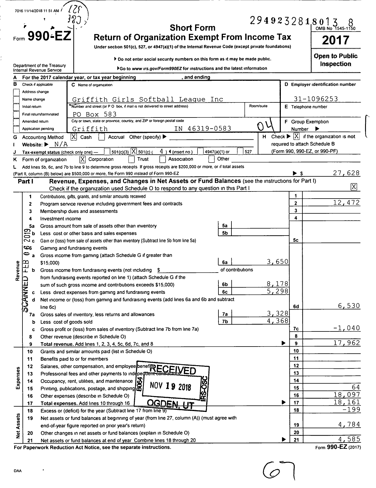 Image of first page of 2017 Form 990EO for Griffith Girls Softball League