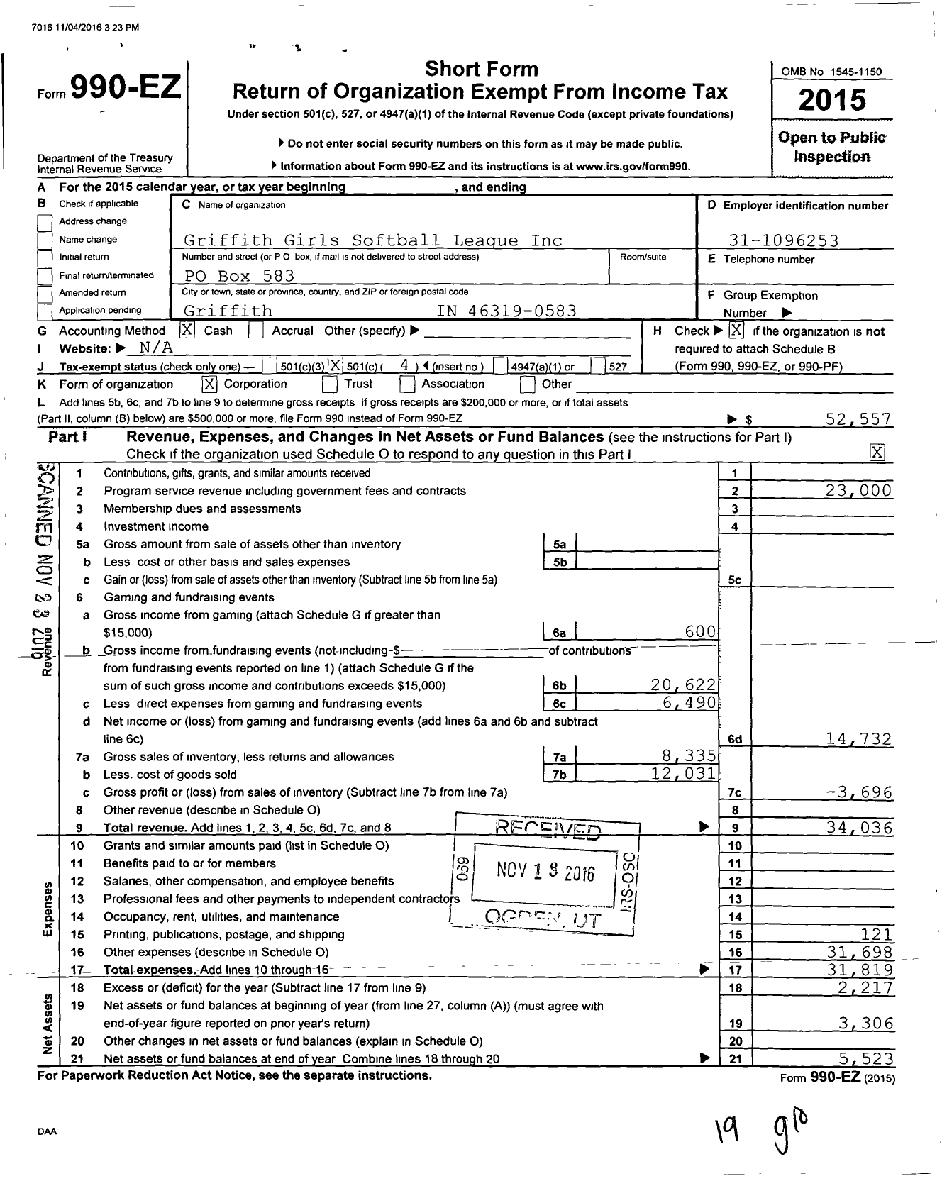 Image of first page of 2015 Form 990EO for Griffith Girls Softball League