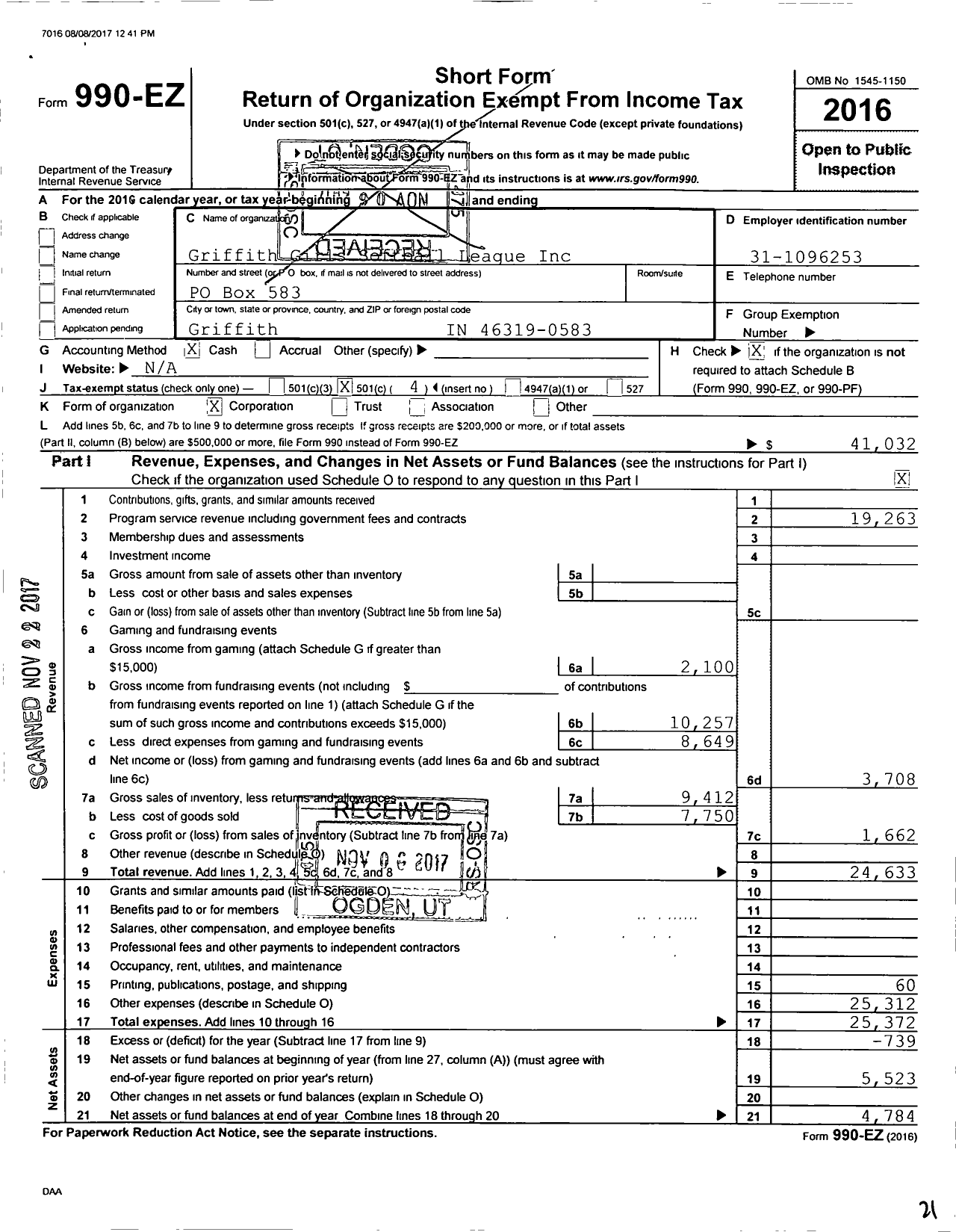 Image of first page of 2016 Form 990EO for Griffith Girls Softball League