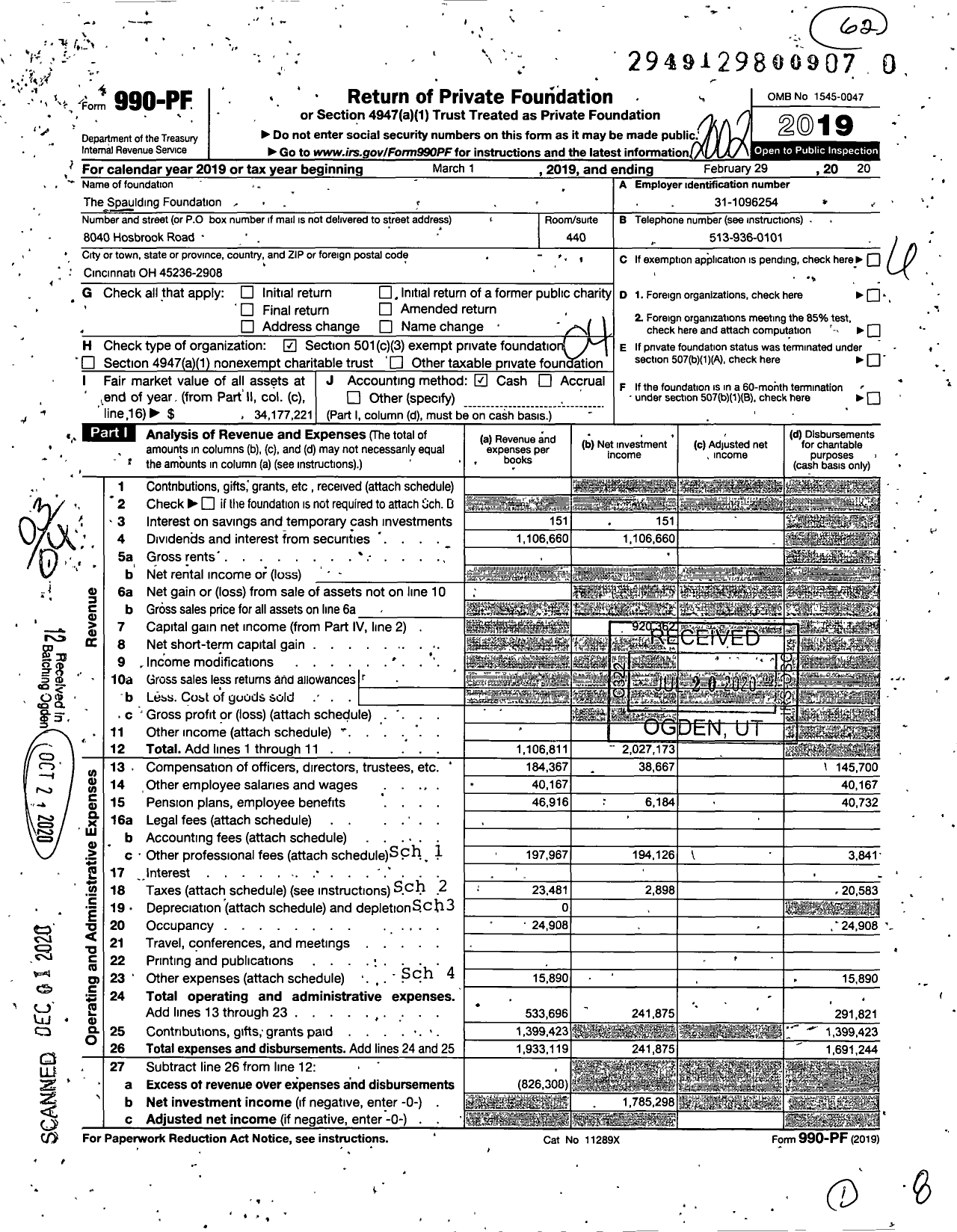 Image of first page of 2019 Form 990PF for The Spaulding Foundation