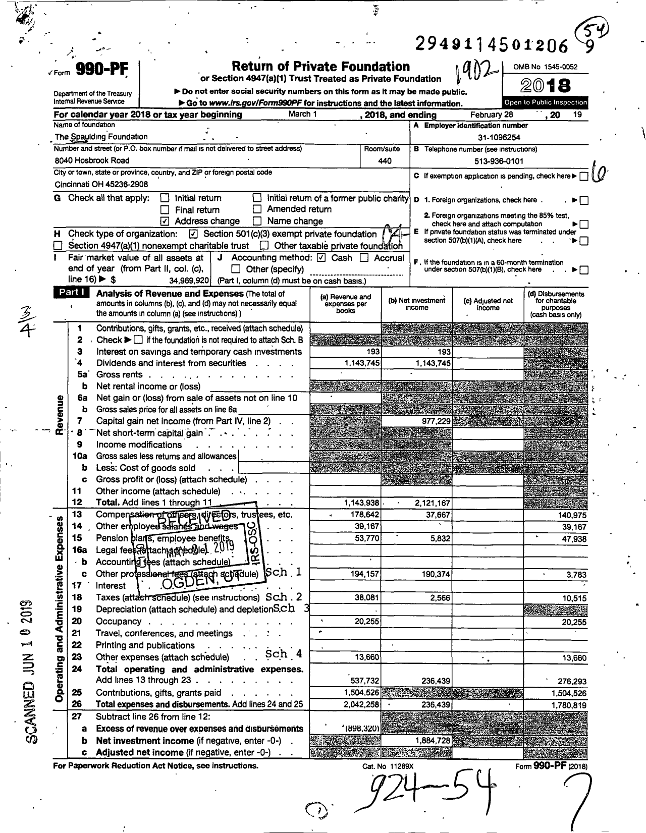 Image of first page of 2018 Form 990PF for The Spaulding Foundation