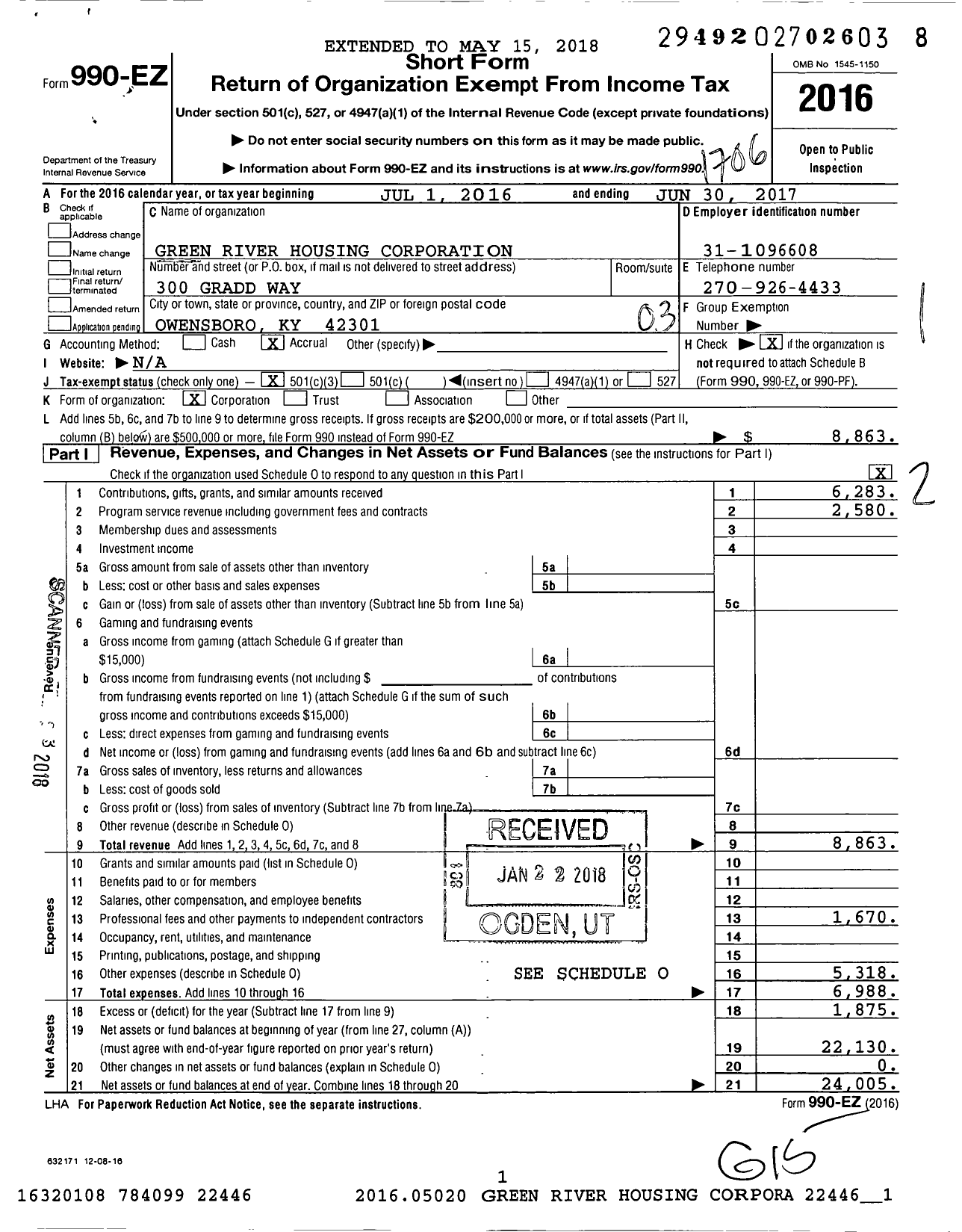 Image of first page of 2016 Form 990EZ for Green River Housing Corporation