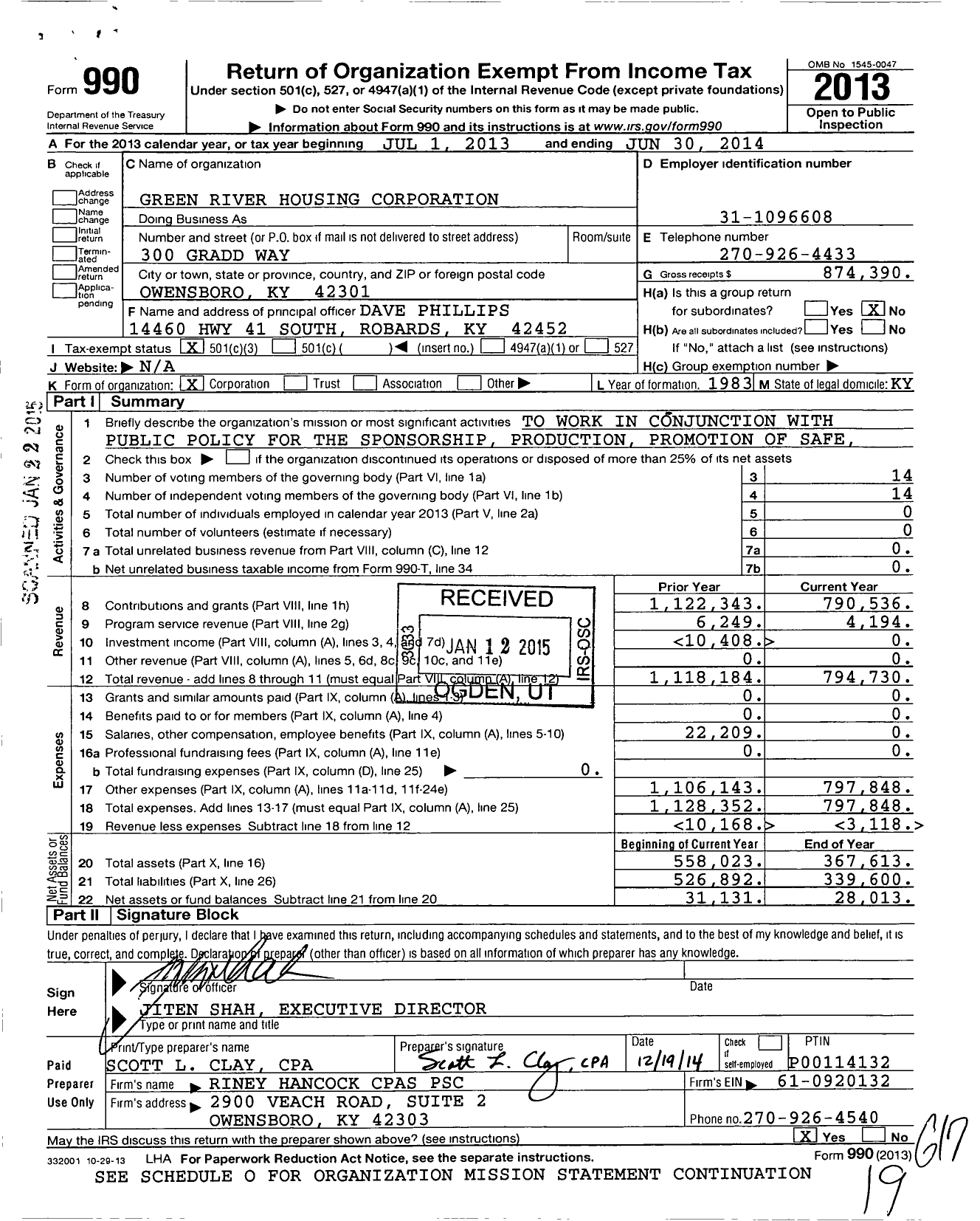 Image of first page of 2013 Form 990 for Green River Housing Corporation