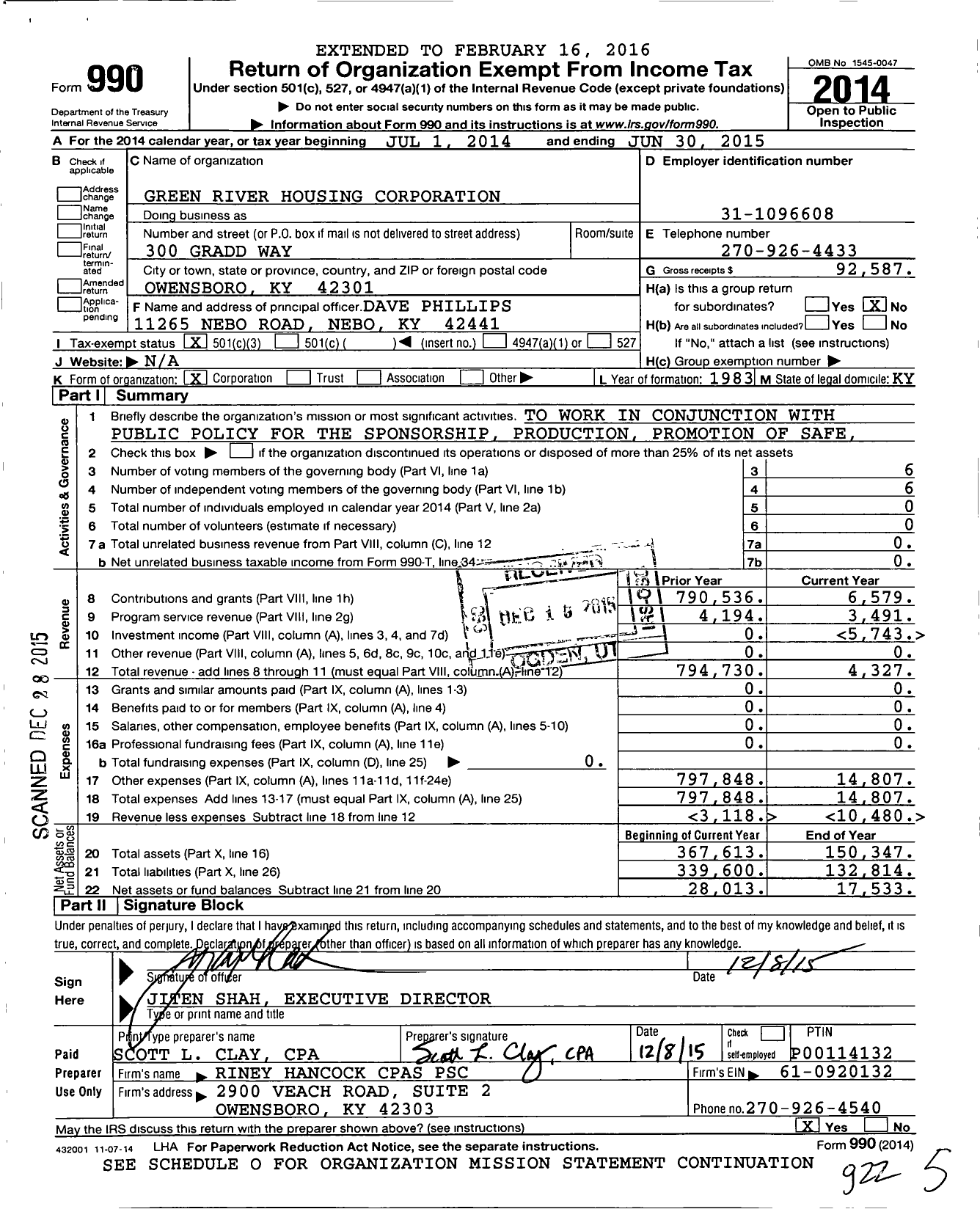 Image of first page of 2014 Form 990 for Green River Housing Corporation