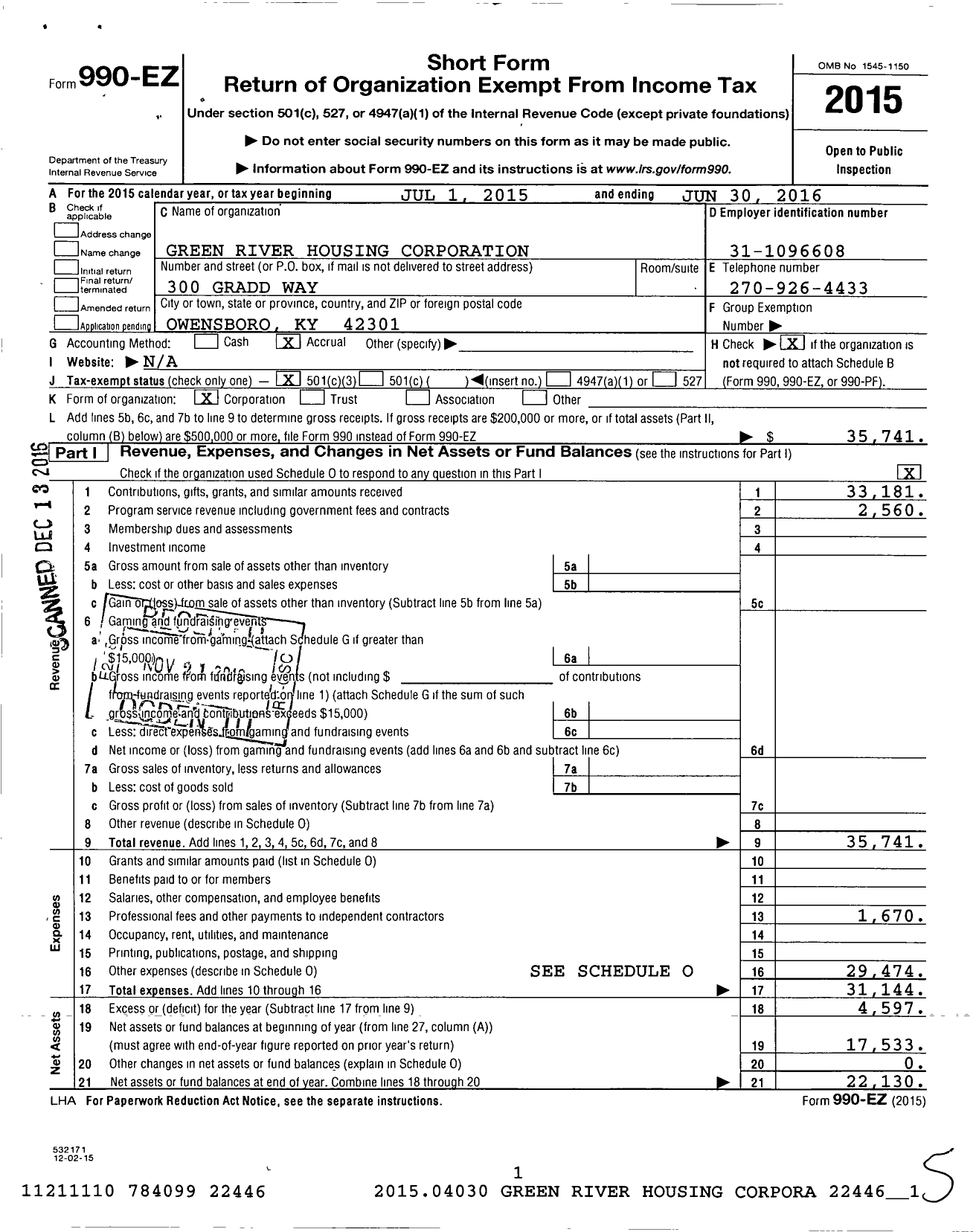 Image of first page of 2015 Form 990EZ for Green River Housing Corporation