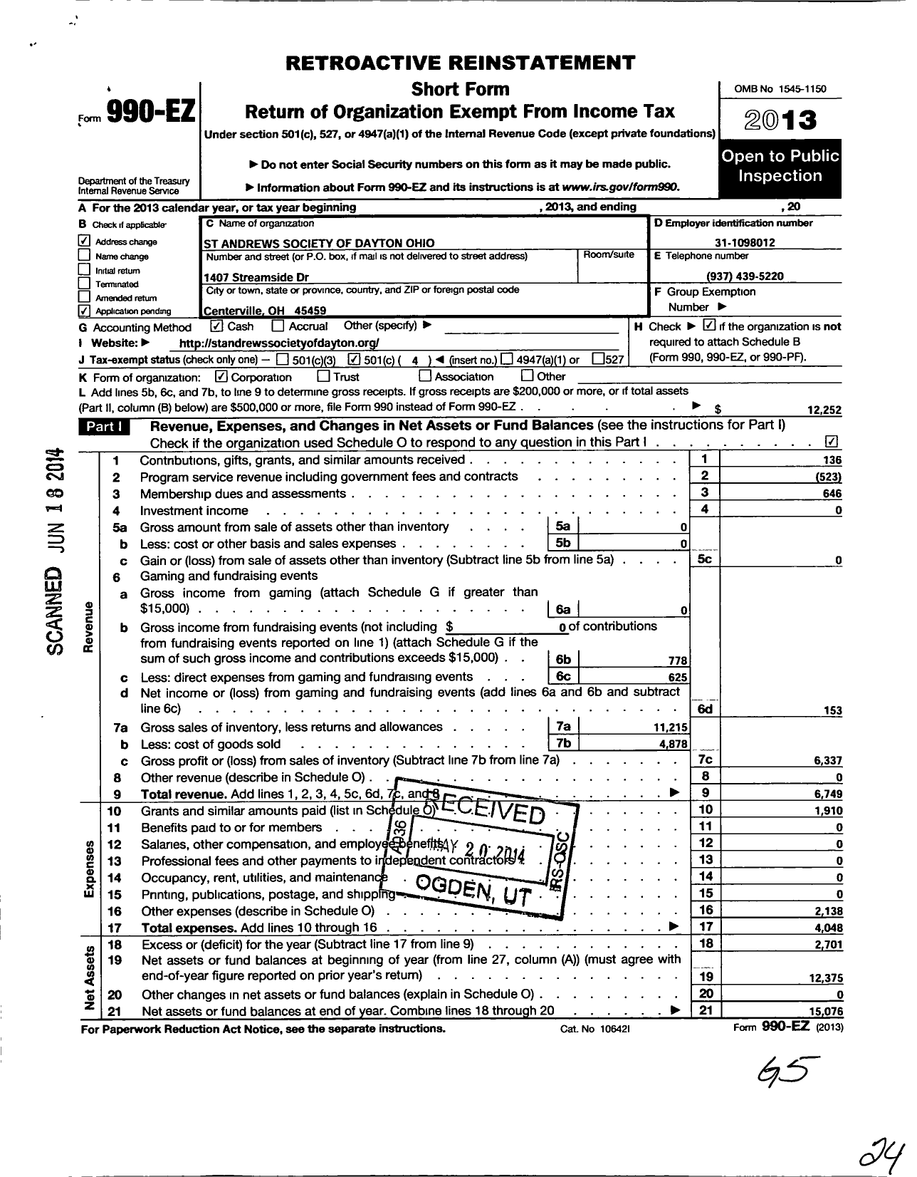 Image of first page of 2013 Form 990EO for Saint Andrews Society of Dayton Ohio