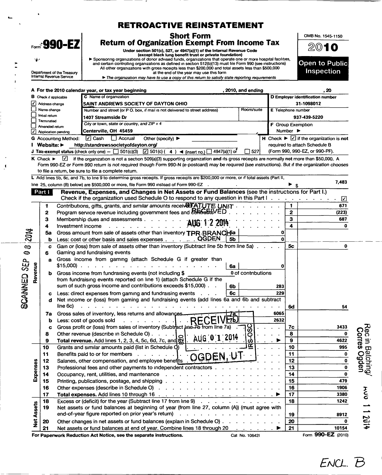 Image of first page of 2010 Form 990EO for Saint Andrews Society of Dayton Ohio