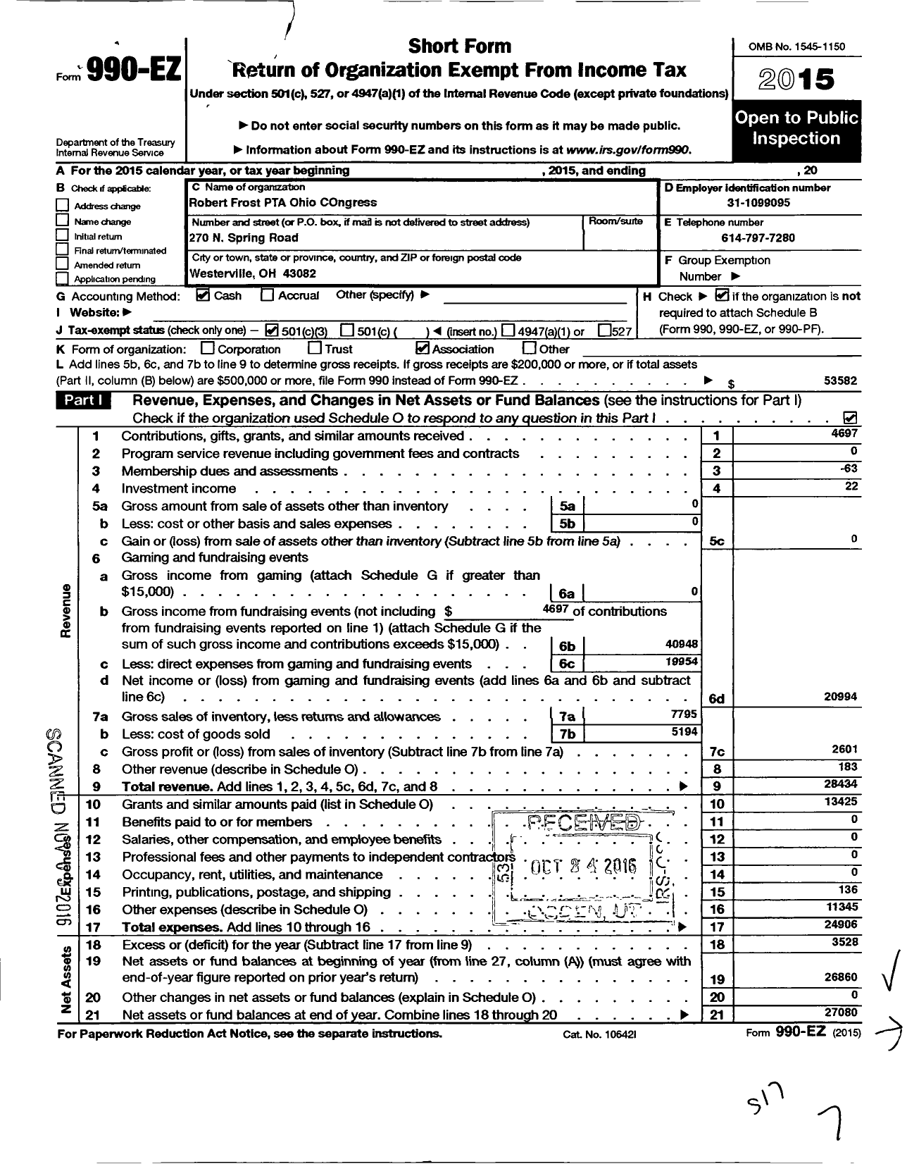 Image of first page of 2015 Form 990EZ for PTA Ohio Congress / Robert Frost School