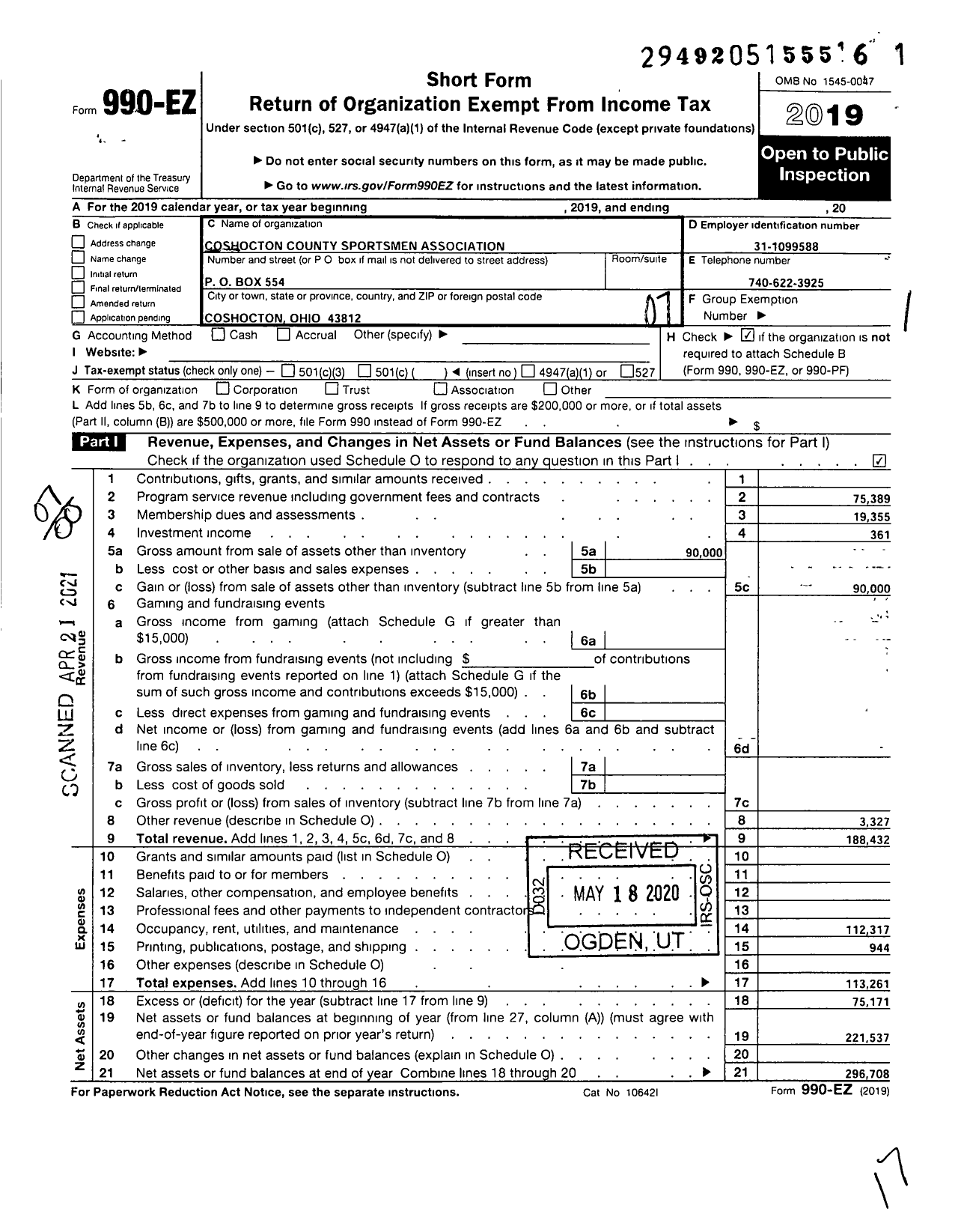 Image of first page of 2019 Form 990EO for Coshocton County Sportsmen Association