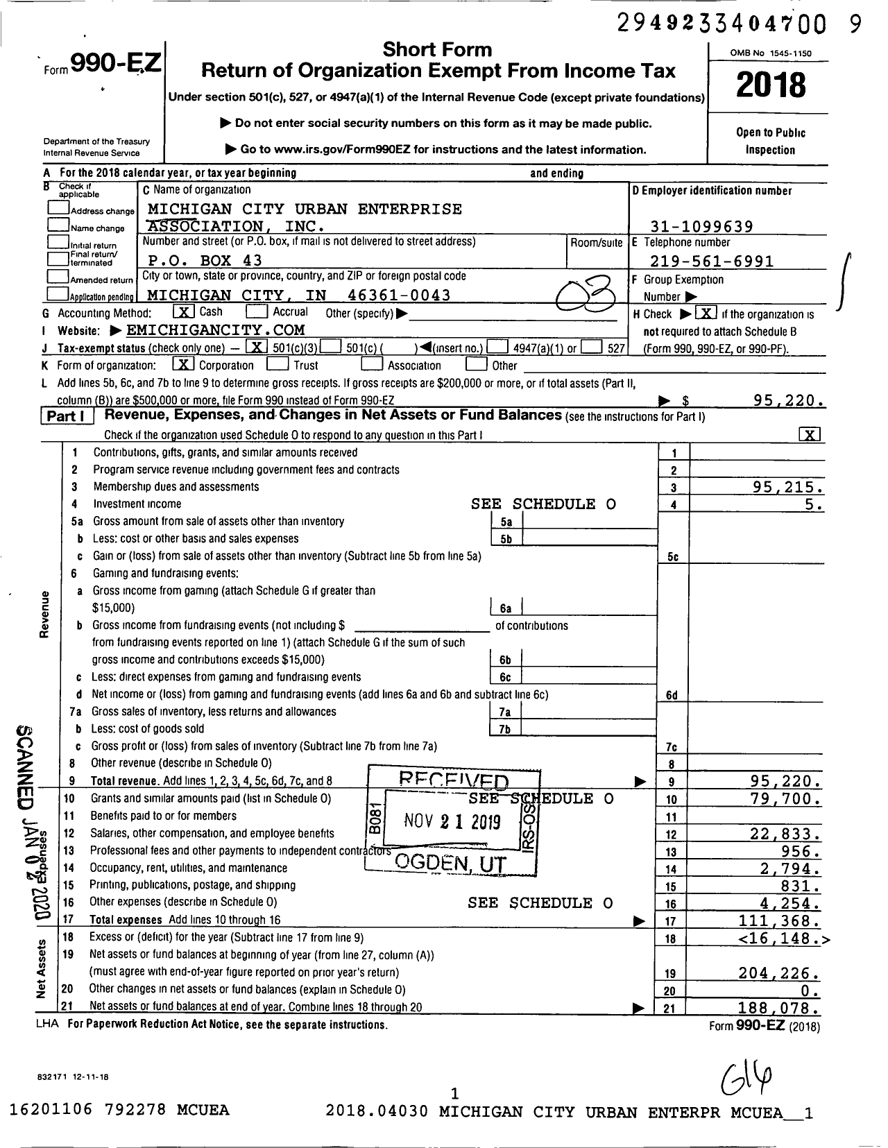 Image of first page of 2018 Form 990EZ for Michigan City Urban Enterprise Association