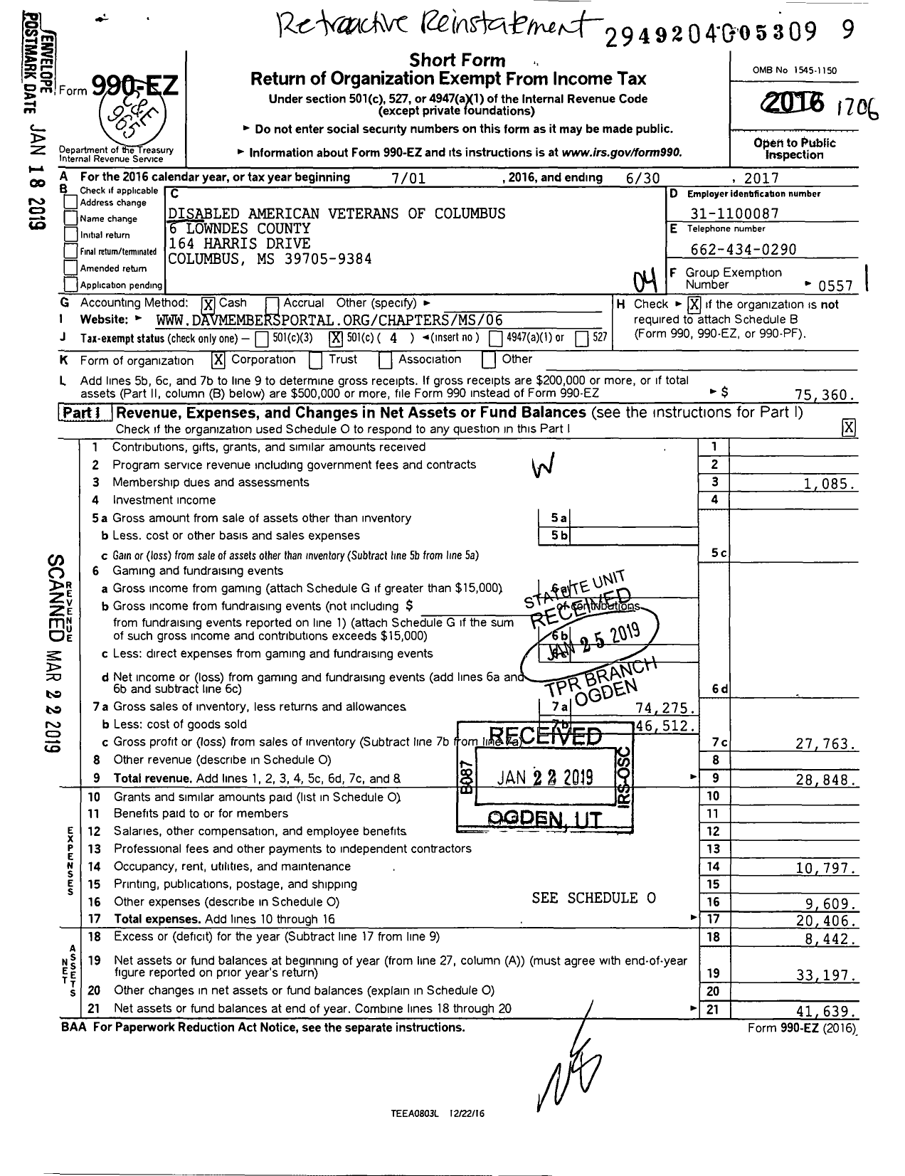 Image of first page of 2016 Form 990EO for Disabled American Veterans - 6 Lowndes County