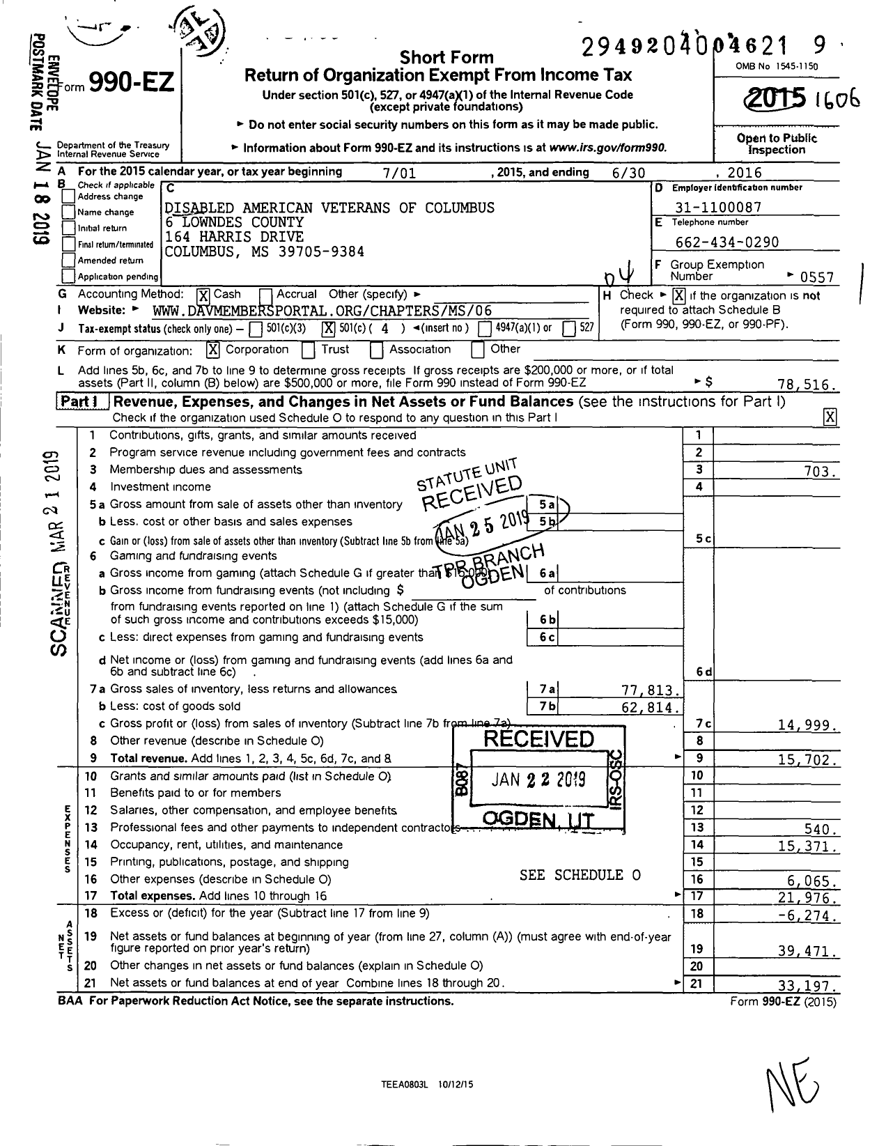 Image of first page of 2015 Form 990EO for Disabled American Veterans - 6 Lowndes County