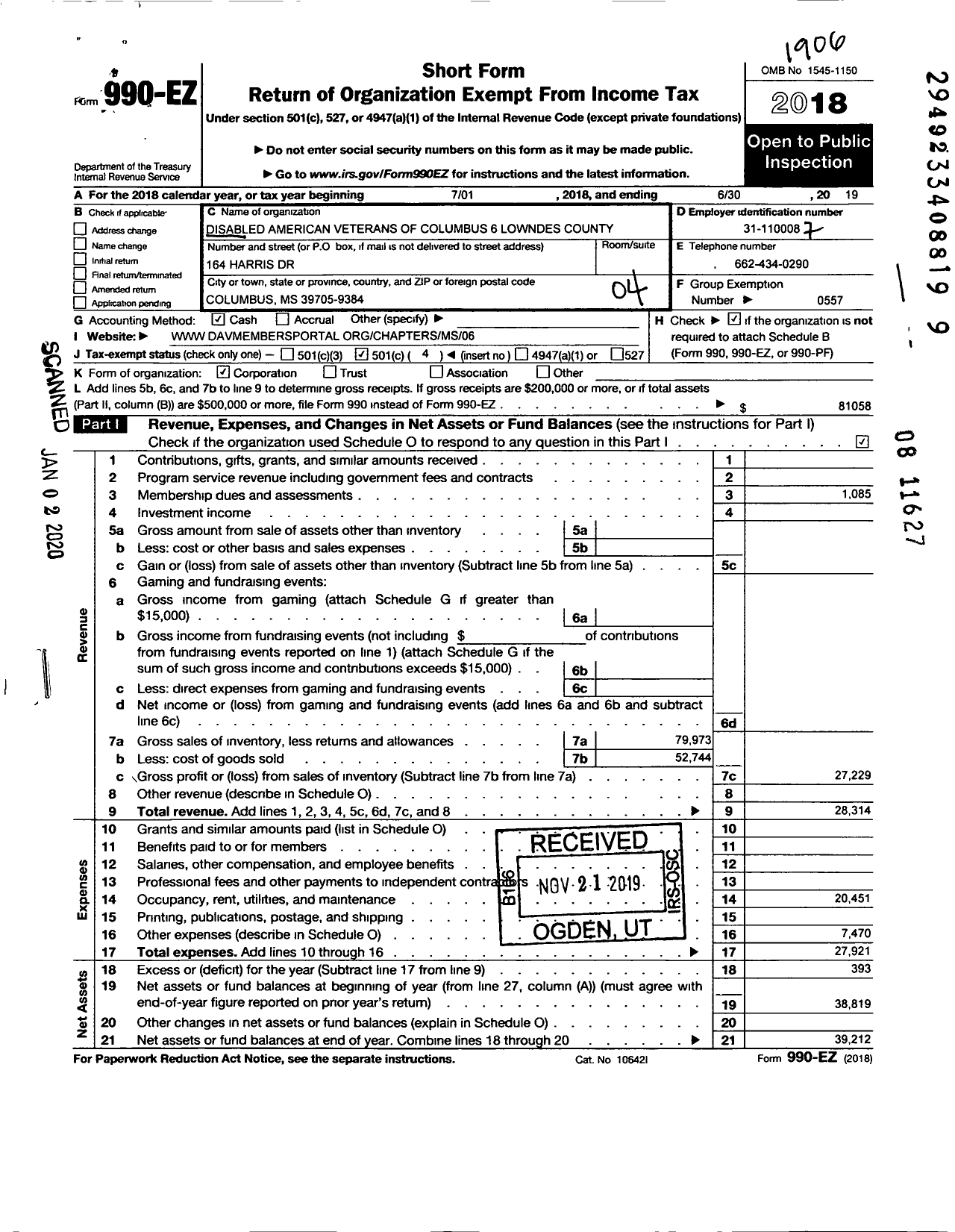 Image of first page of 2018 Form 990EO for Disabled American Veterans - 6 Lowndes County