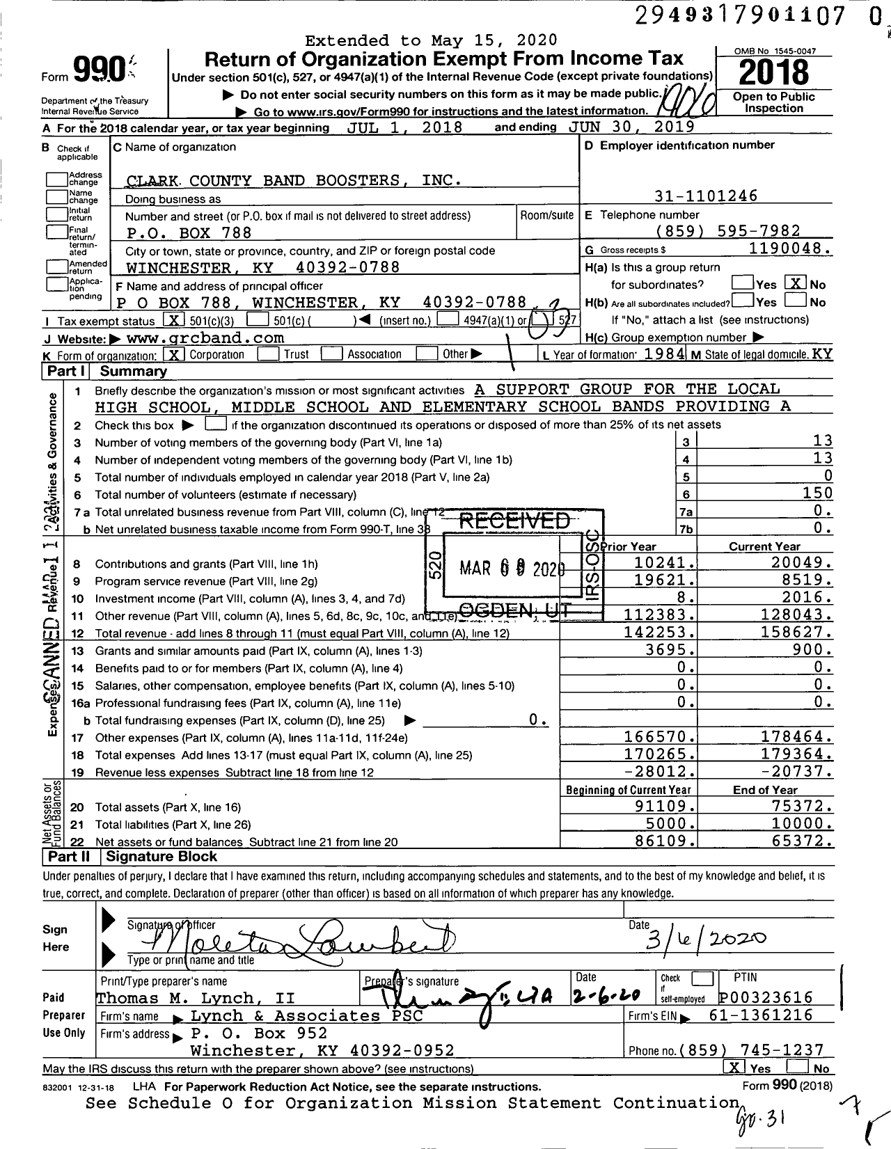 Image of first page of 2018 Form 990 for Clark County Band Boosters