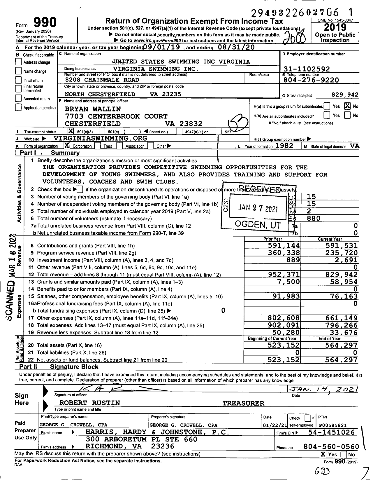 Image of first page of 2019 Form 990 for United States Swimming Virginia