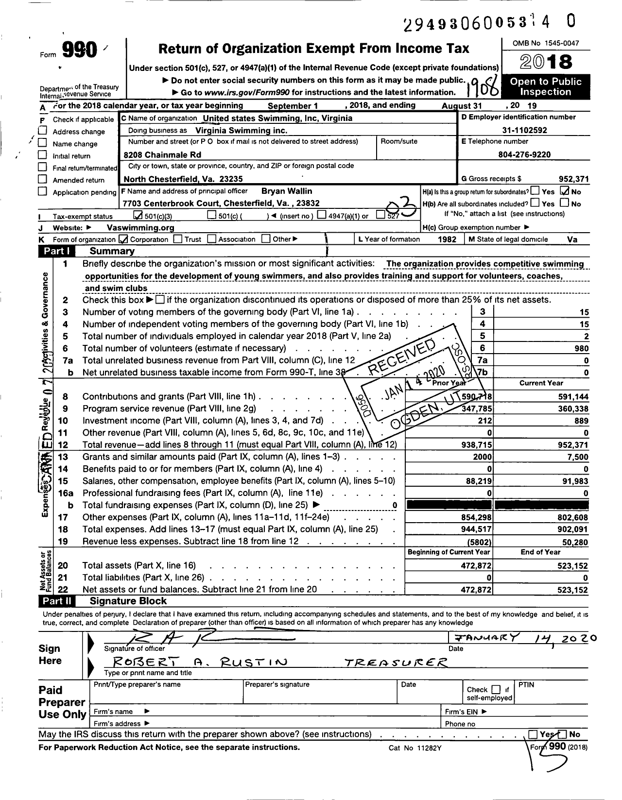 Image of first page of 2018 Form 990 for United States Swimming Virginia
