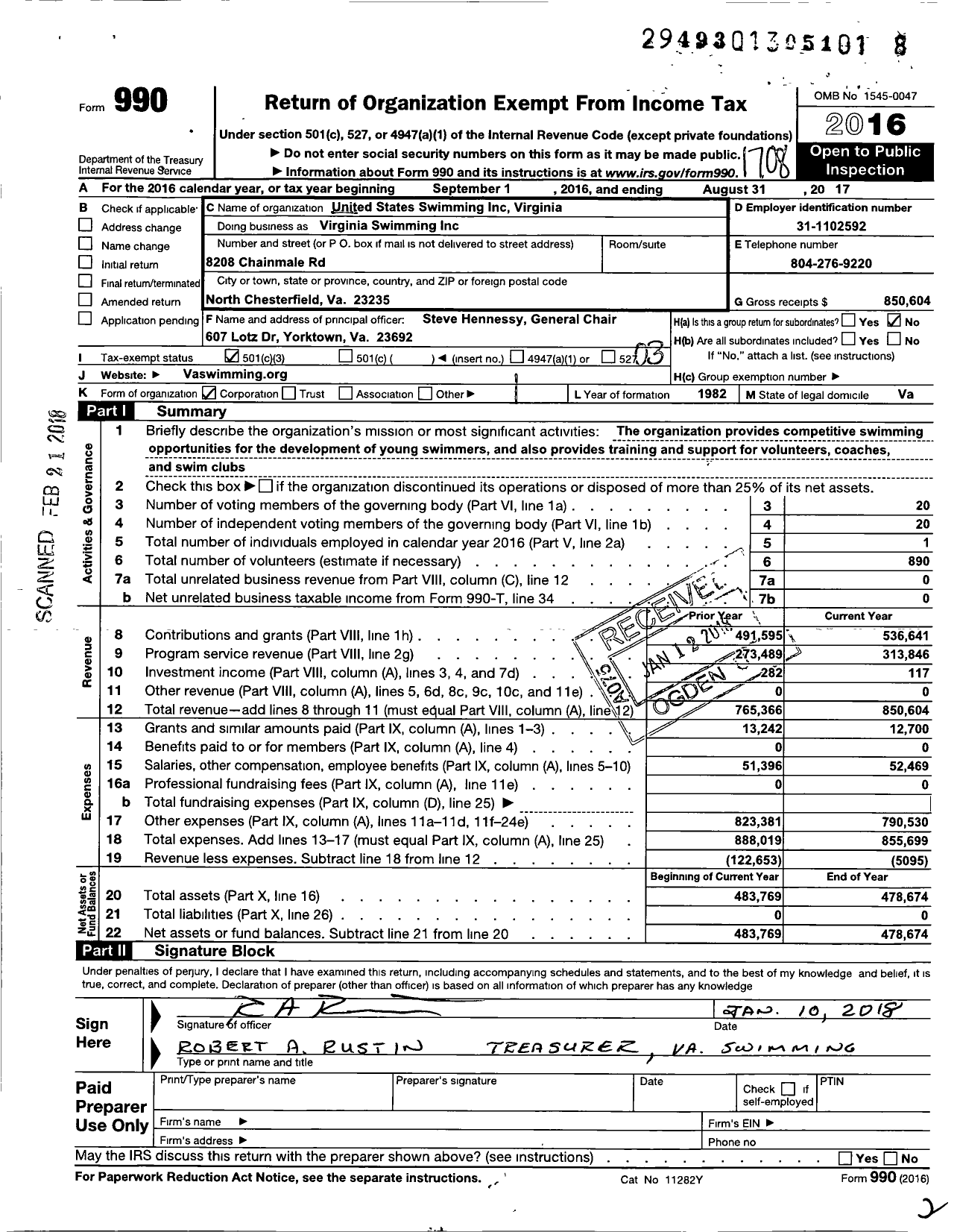 Image of first page of 2016 Form 990 for United States Swimming Virginia