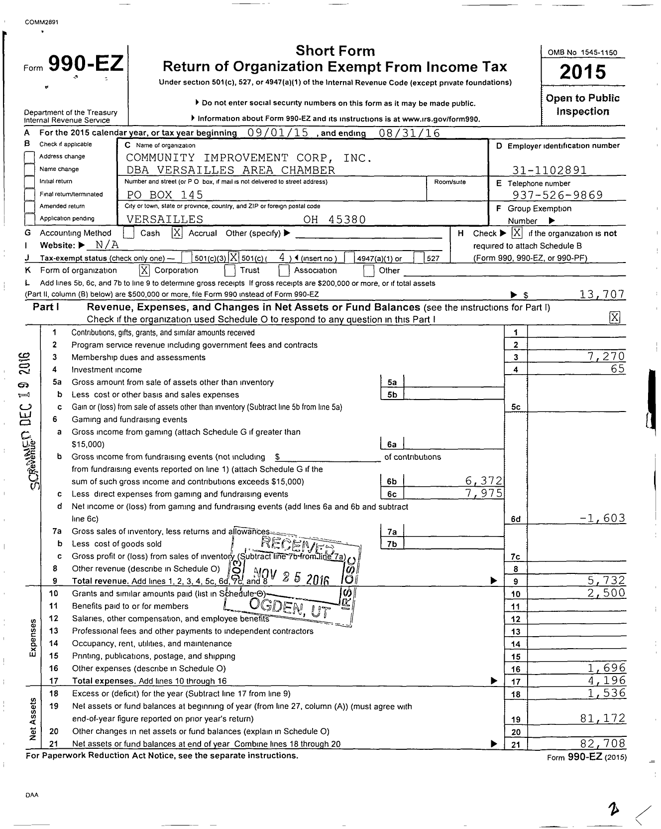 Image of first page of 2015 Form 990EO for Versailles Area Chamber
