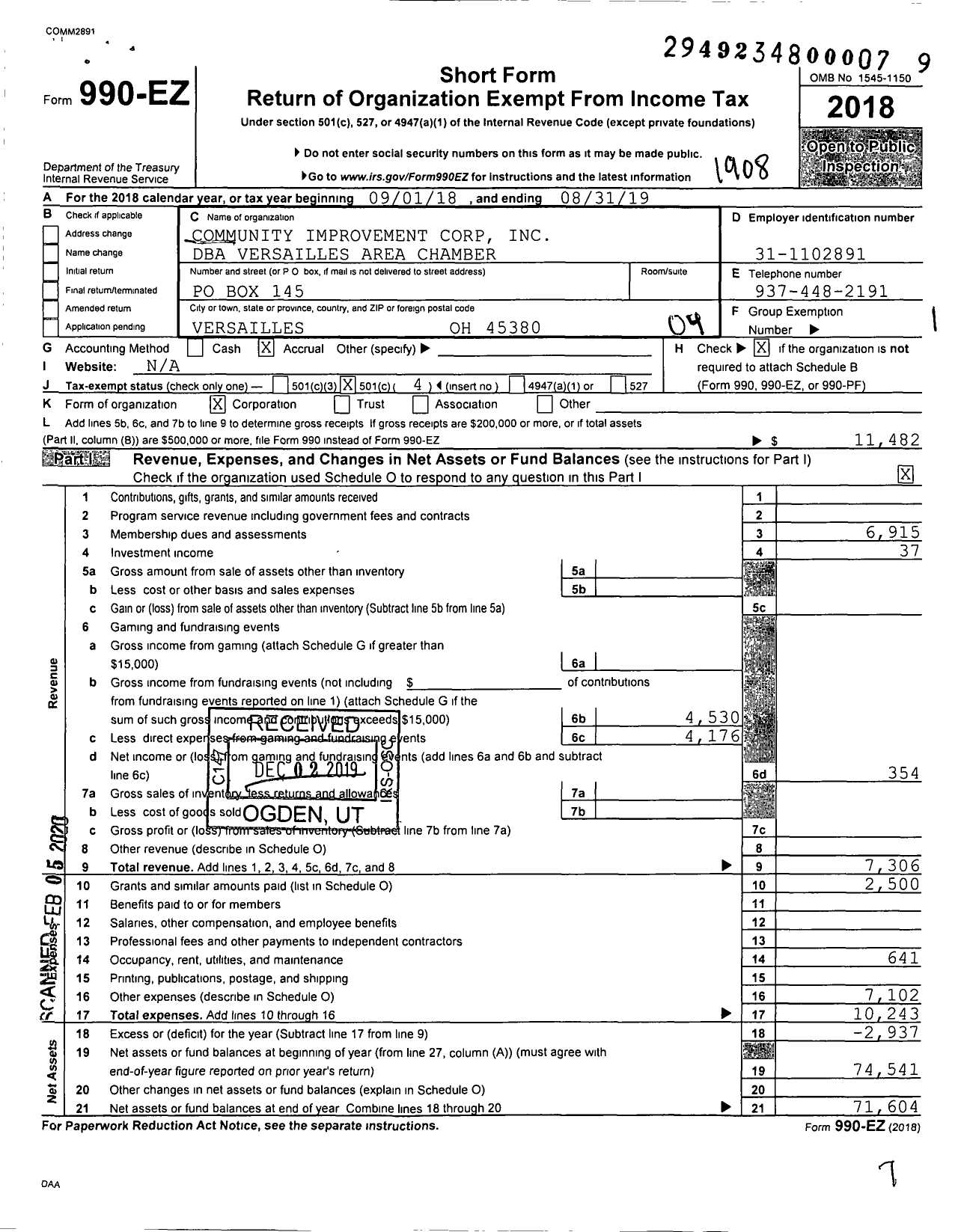 Image of first page of 2018 Form 990EO for Versailles Area Chamber