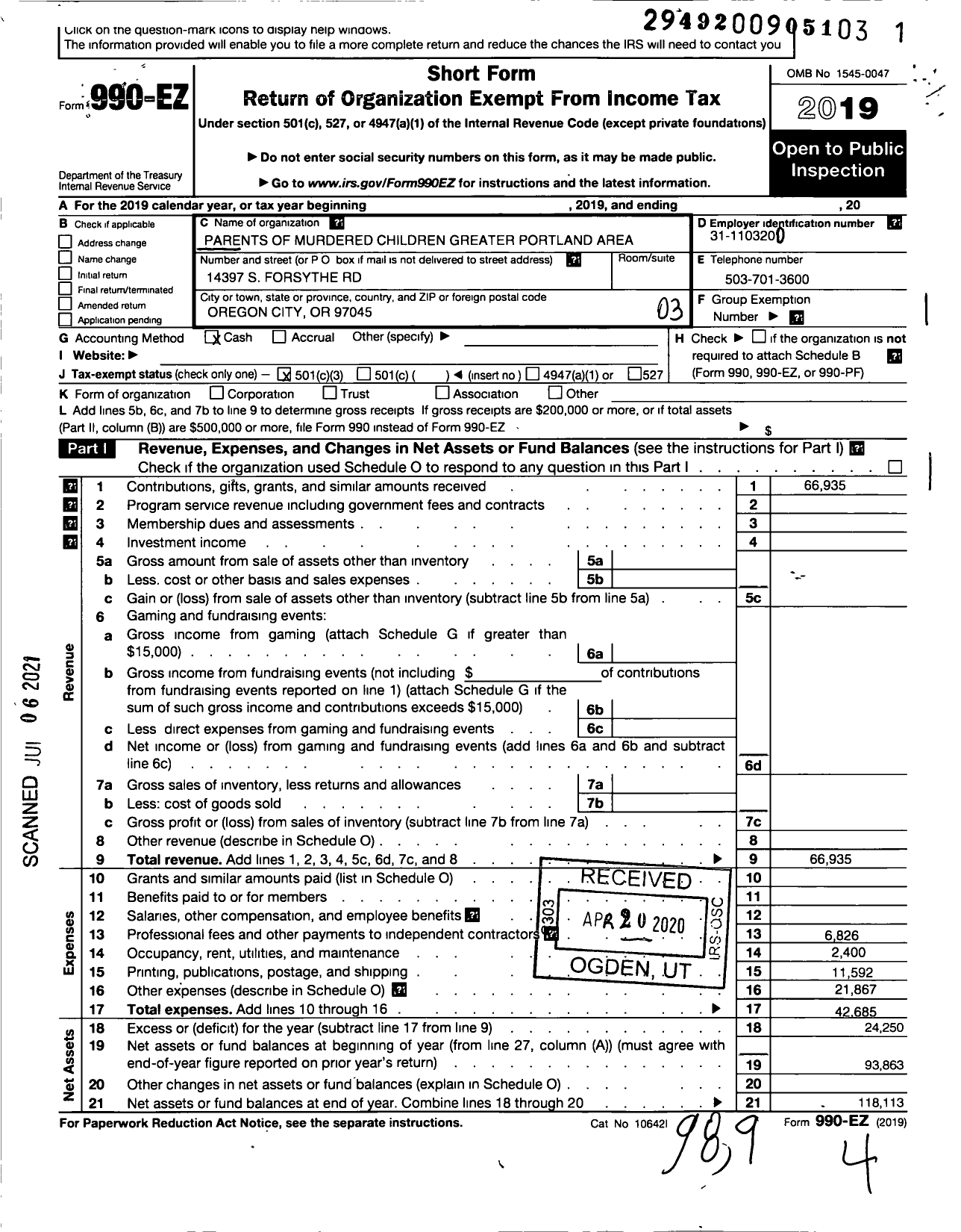 Image of first page of 2019 Form 990EZ for Parents of Murdered Children Greater Portland Area